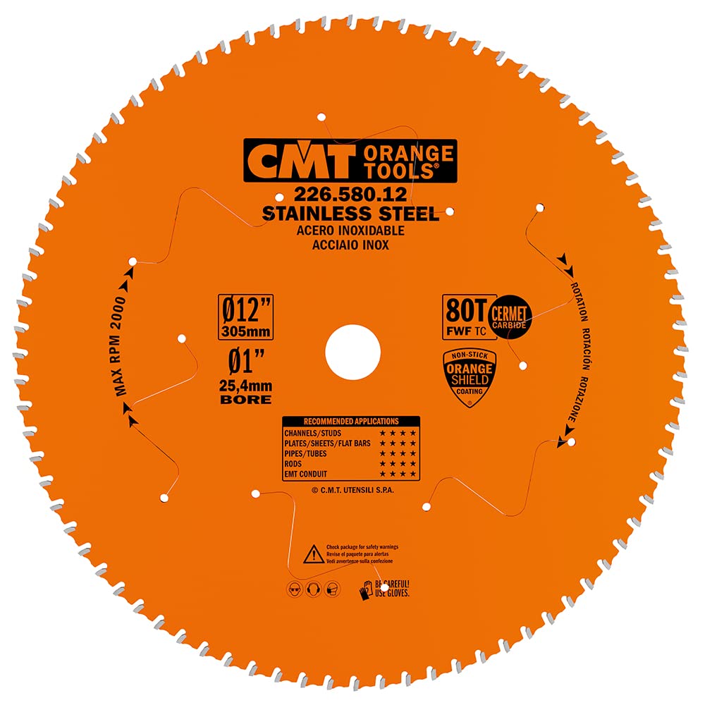 CMT 226.580.12 Premium 12-Inch 80-Tooth Stainless Steel Saw Blade with 8° FWF & 1-Inch Bore - Perfect for Woodworking, Metal Cutting, and DIY Projects