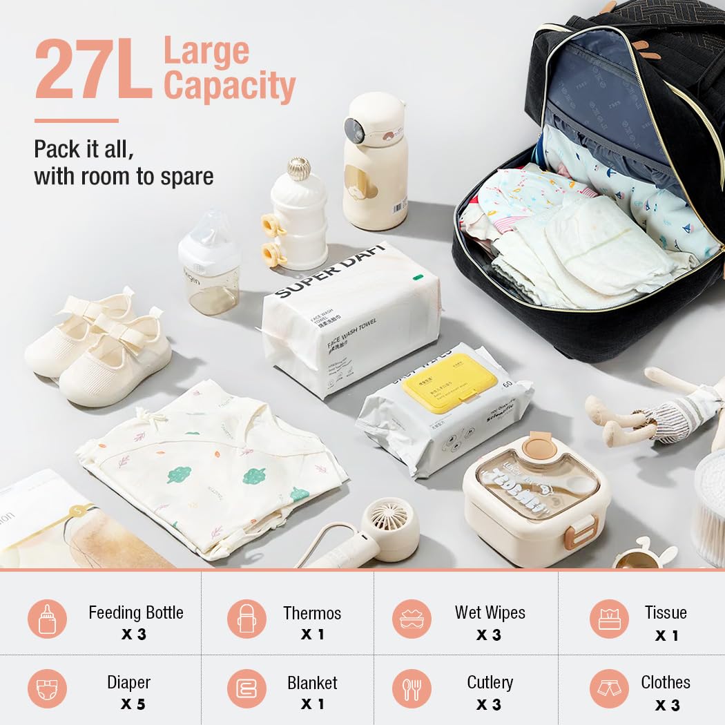 **Premium Diaper Backpack for Travel - Large Waterproof Baby Bag with Removable Crossbody Strap & Changing Pad - Unisex Diaper Backpack for Parents - Perfect for Daycare, Airplane & Family Outings (Black)**