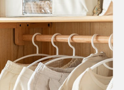 Oak Solid Wood Wardrobe with Curtain Design - Elegant Closet Storage for Bedroom, Living Room & Dorm Organization