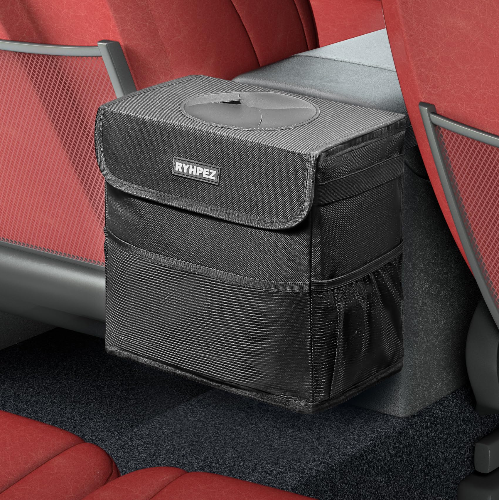 Ryhpez Car Trash Can with Lid - Hanging Collapsible Car Garbage Bag with Storage Pockets & Metal Rack Support | Portable Auto Waste Bin for SUV, Truck, Road Trips & Daily Commute