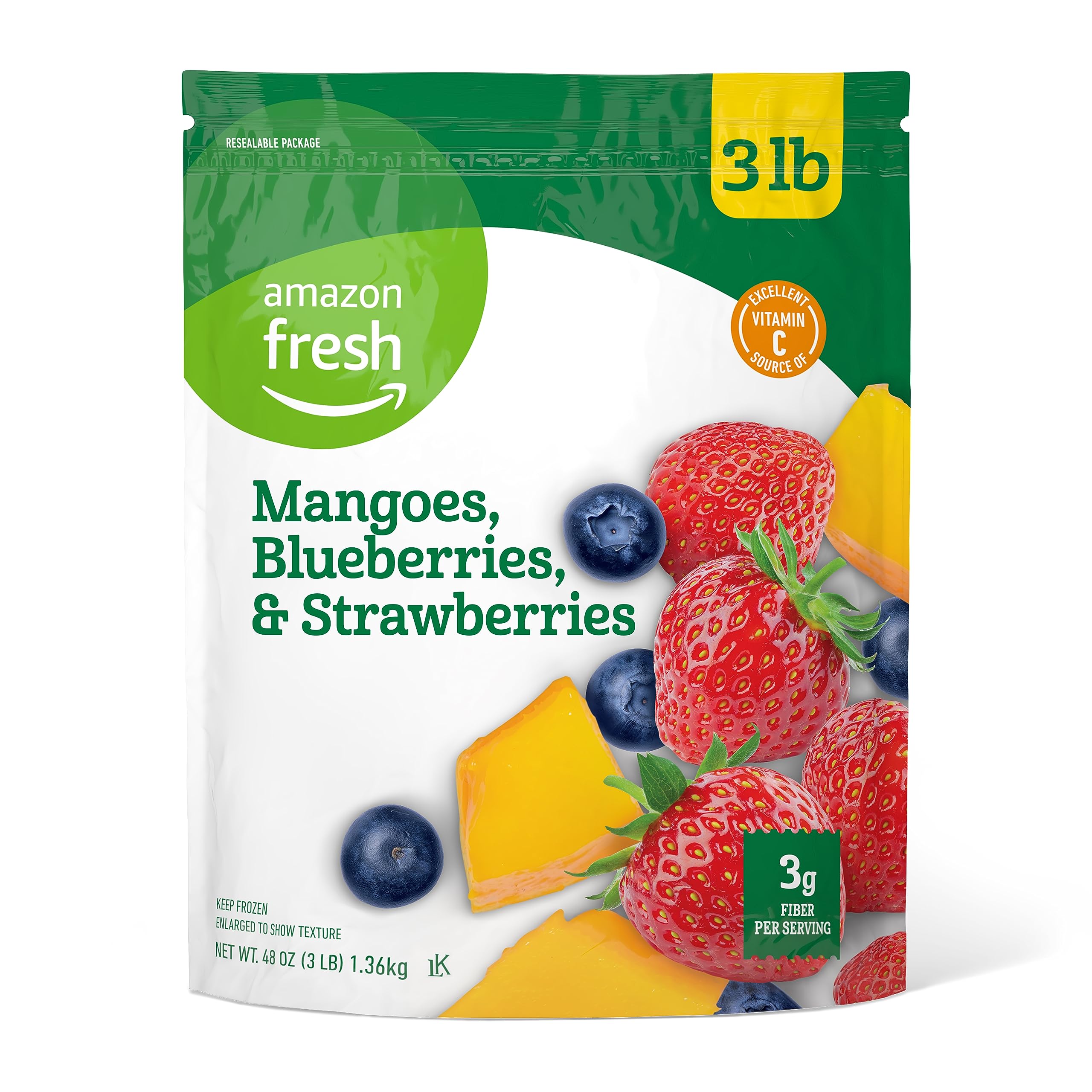 Amazon Fresh Frozen Mangoes Blueberries & Strawberries Mix - 48oz (3lb) Frozen Fruit Blend for Smoothies, Baking, Yogurt & Healthy Snacks