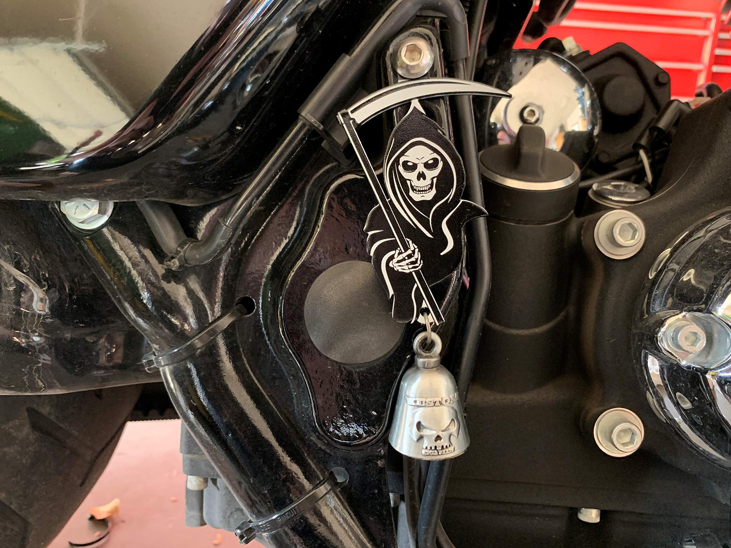 Universal Grim Reaper Bell Hanger with Gun Metal Bell - Fits Harley Davidson & Other Motorcycles | Heavy-Duty Bolt & Ring Included | Made in USA | Perfect for Road Protection & Biker Accessories