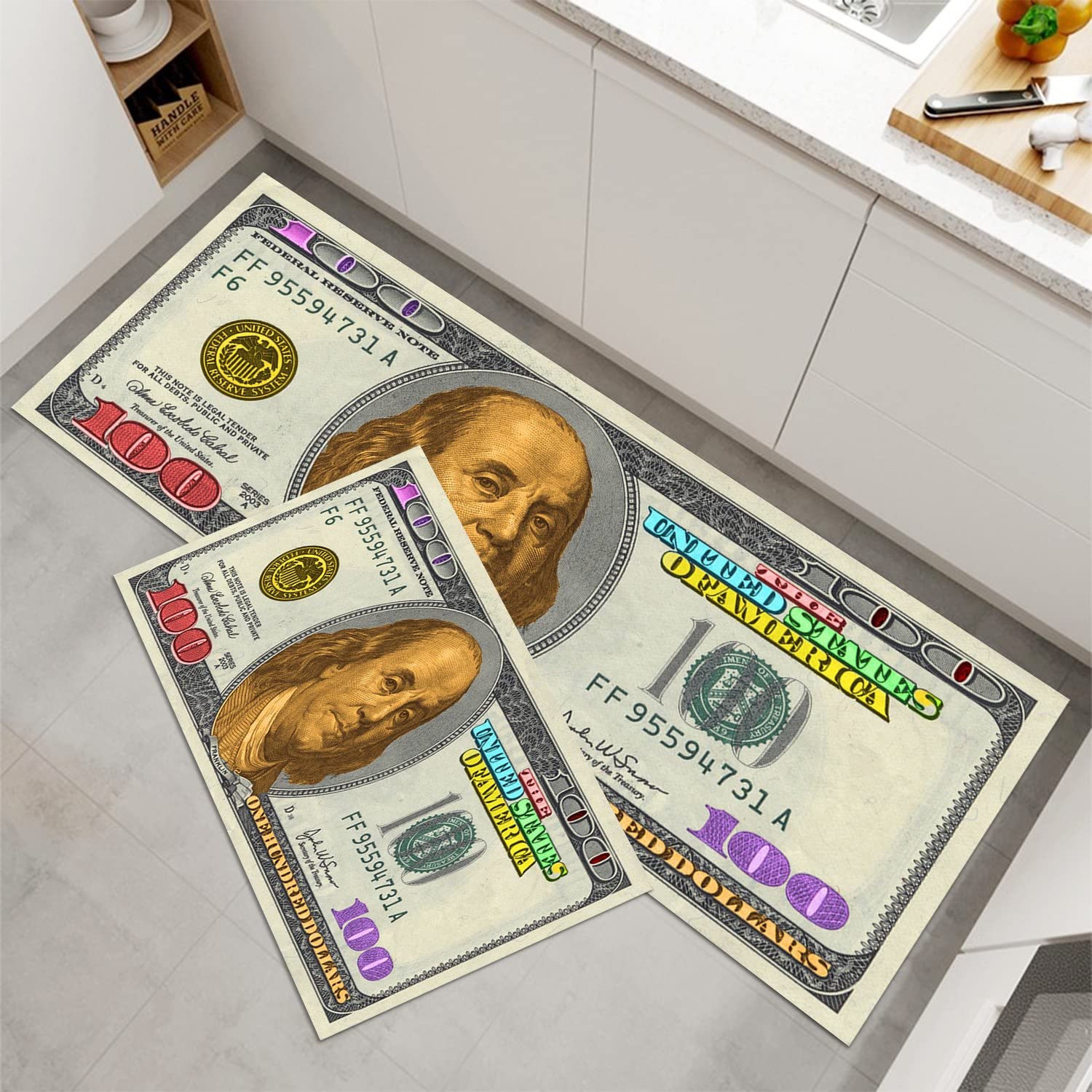 Orlco Art 100 Dollar Bill Printed Non-Slip Kitchen Rugs - Set of 2 Money Design Rubber Backed Floor Mats (17.9