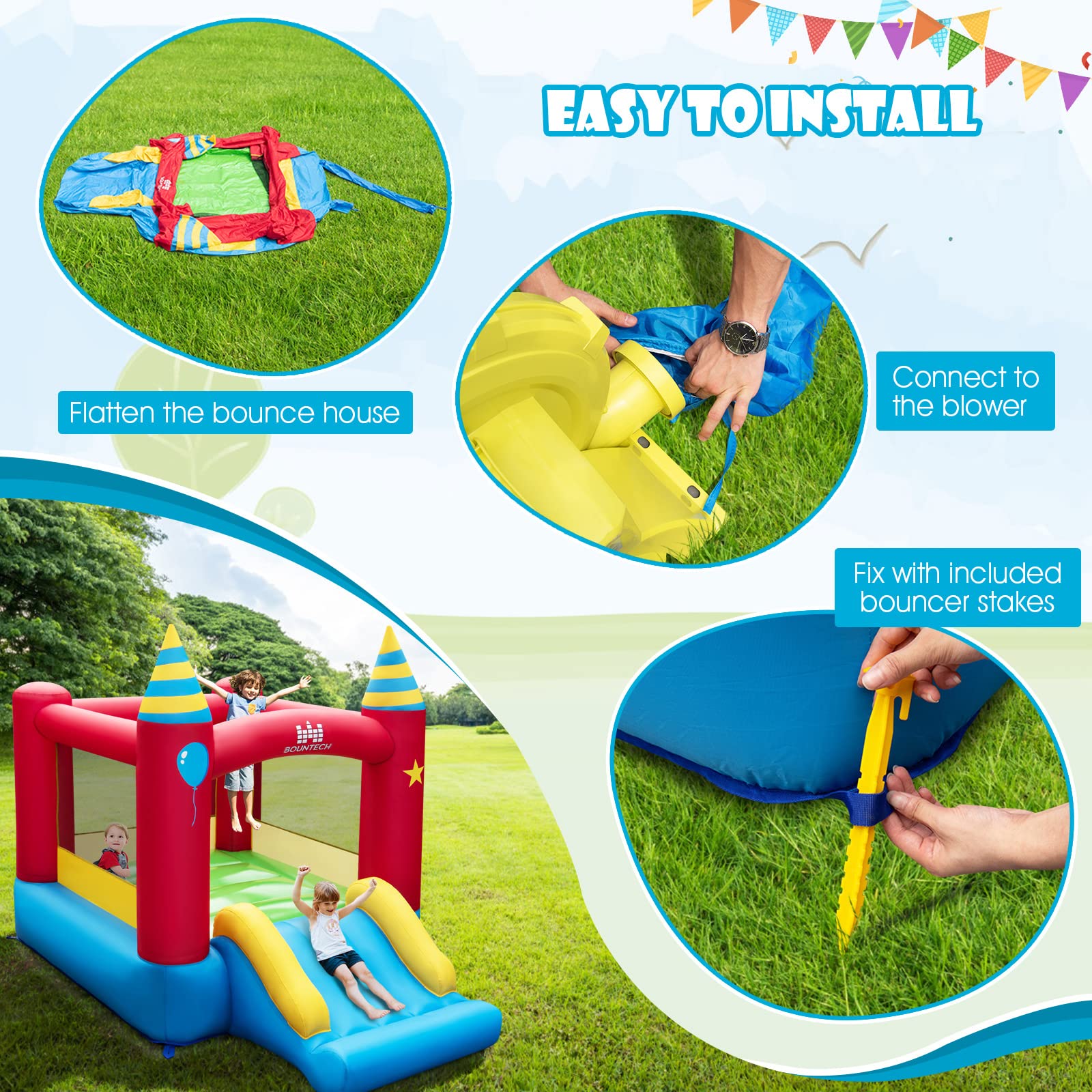 BOUNTECH Inflatable Bounce House for Kids 3-6 Years - Large Jumping Area with Slide | Indoor & Outdoor Bouncy Castle | Portable Backyard Playhouse for Toddler Boys & Girls | Perfect for Birthday Parties, Family Gatherings & Backyard Fun
