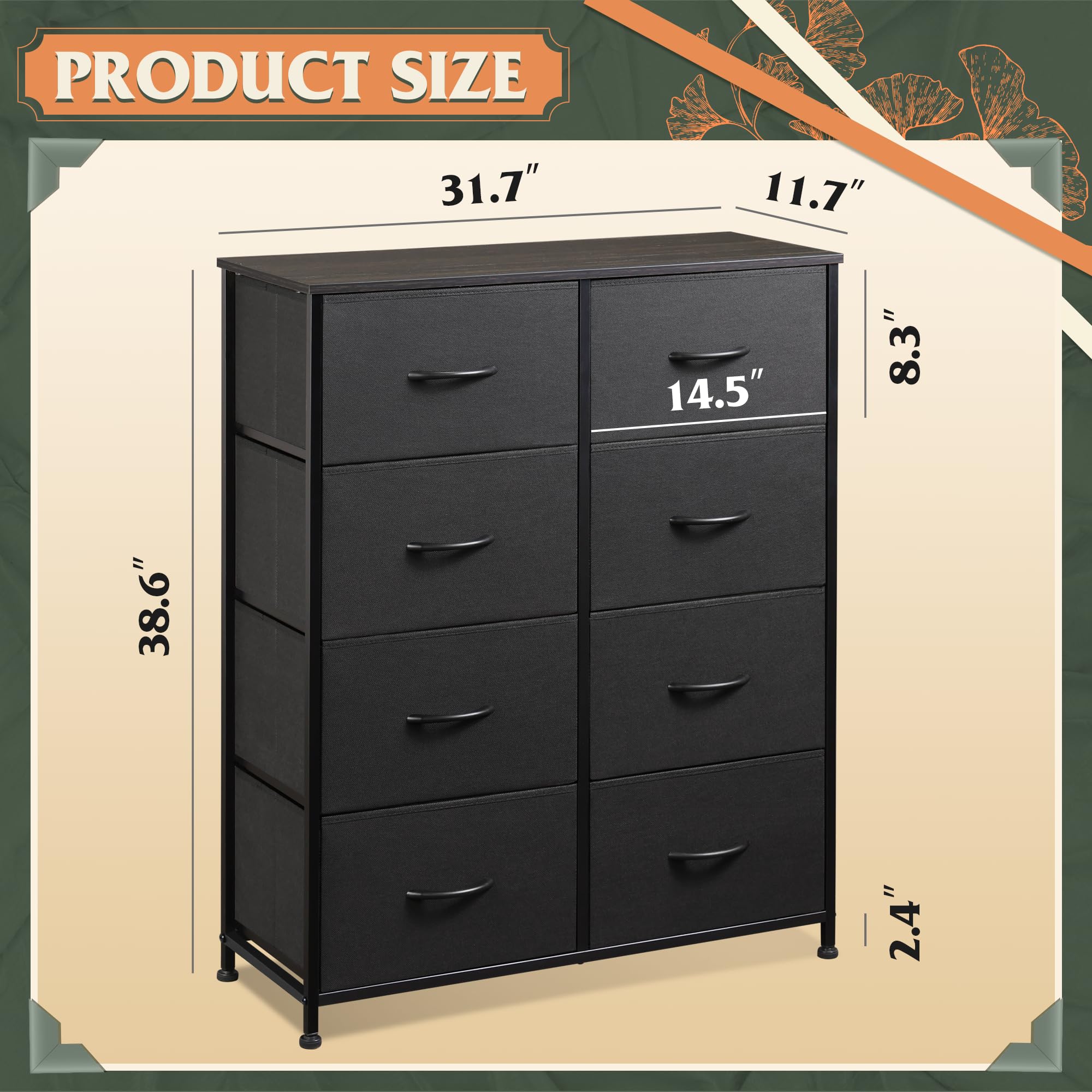 WLIVE 2-Drawer Nightstand & 5/8-Drawer Dresser Set - Fabric Storage Tower Organizer with Textured Bins & Steel Frame - Charcoal Black for Bedroom, Hallway, Closet | Space-Saving Storage Solution for Small Apartments & Dorm Rooms