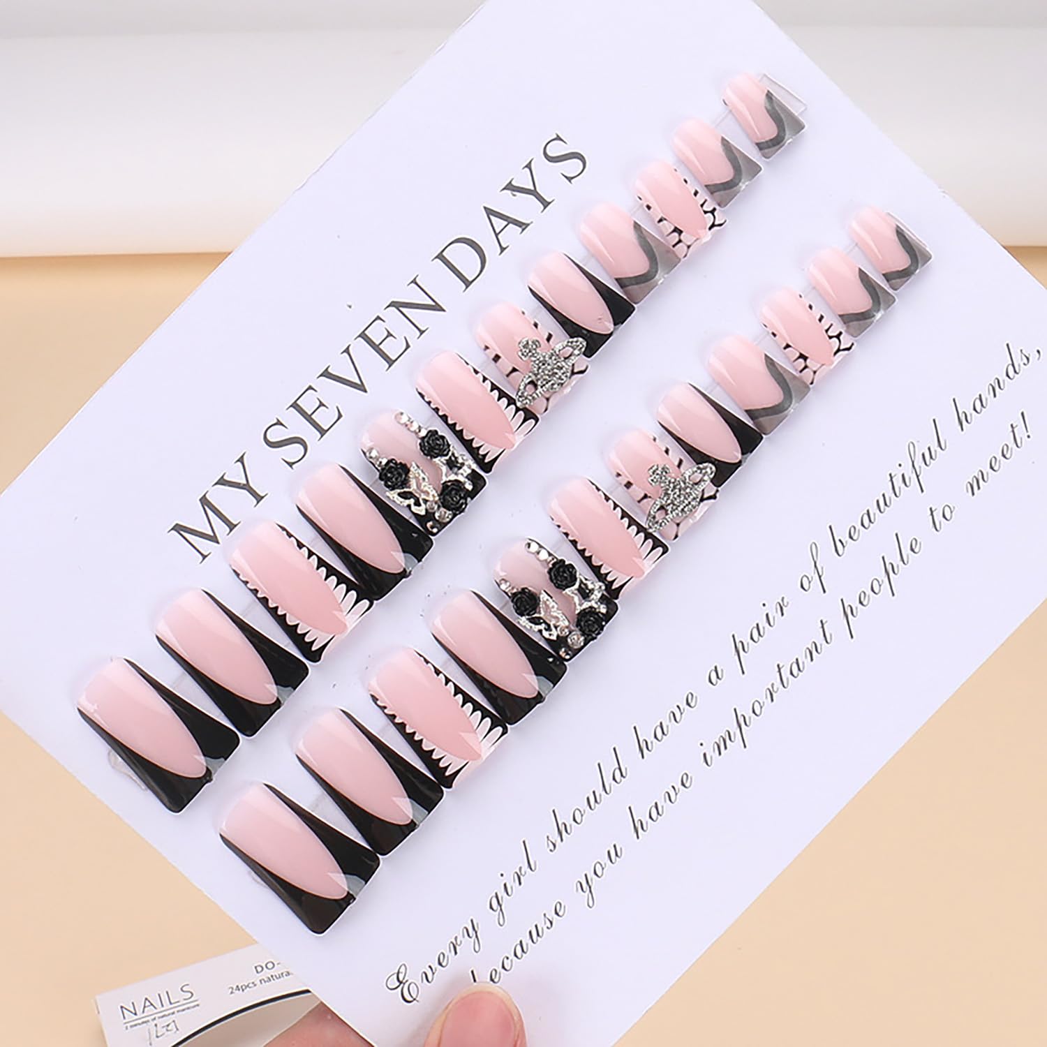 Duck Shaped Press On Nails - Glossy Black French Tip Acrylic False Nails with Floral Gem Charms | Medium Length Full Cover Artificial Nails with Glue | Perfect for Women's Daily Wear, Parties & Special Occasions