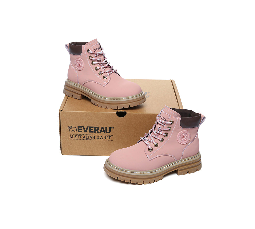 EVERAU® Women's Chunky Lace-Up Leather Boots - Stephanie Style | Fashionable Winter & Fall Footwear for Casual Outfits, Streetwear, and Outdoor Adventures