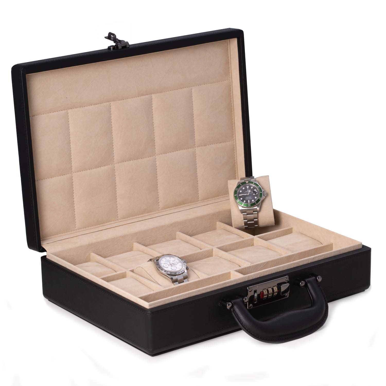 Bey-Berk Custom Personalized Alfred Watch Box Briefcase - Holds 10 Watches & Accessories | Luxury Watch Storage & Travel Case for Collectors