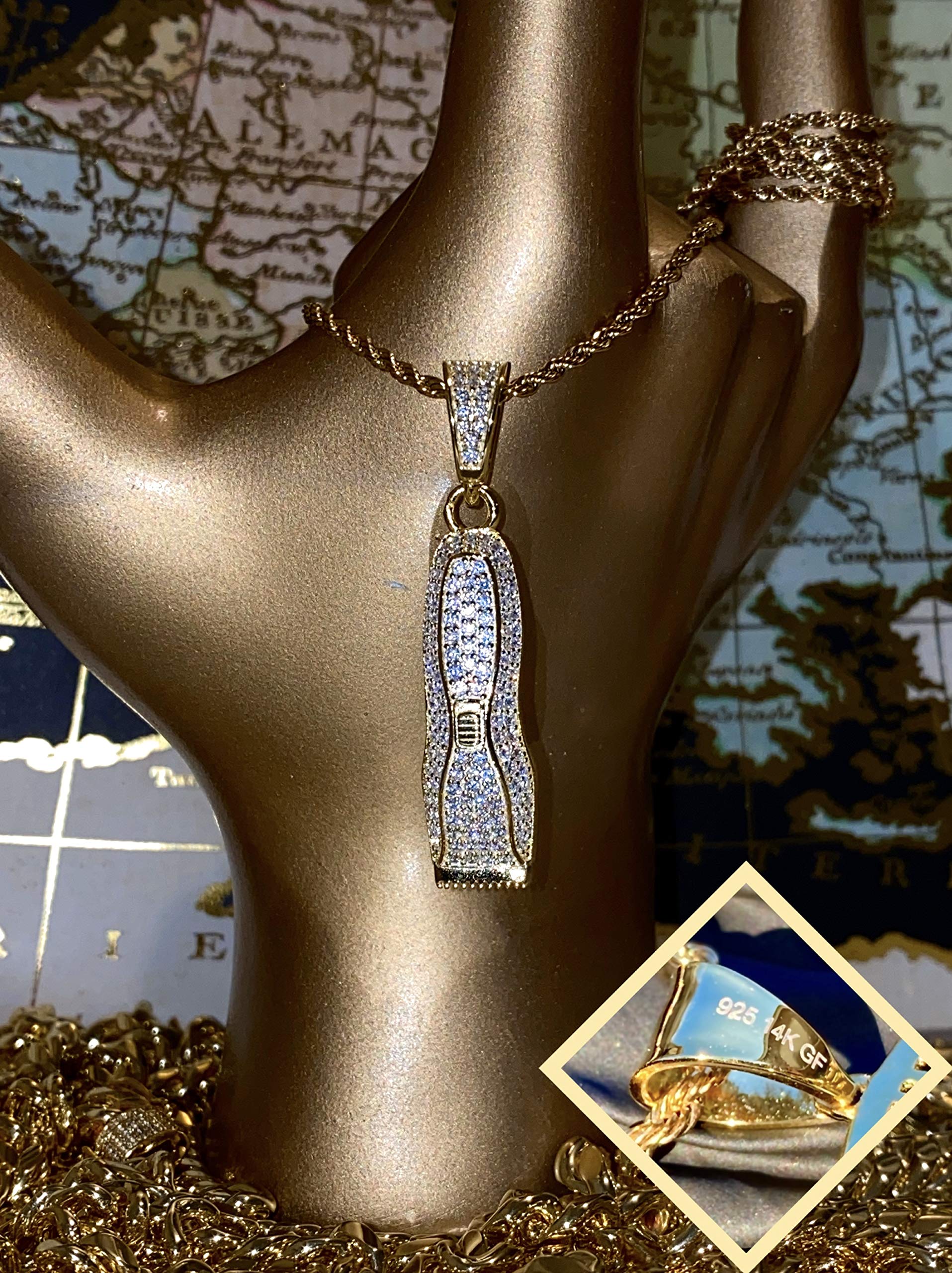 925 Sterling Silver Iced Barber Razor Charm Pendant with 2mm Stainless Steel Rope Chain Necklace for Men & Women - Italian Gold Finish, Hip Hop Jewelry, Perfect for Gifts, Parties, and Everyday Wear