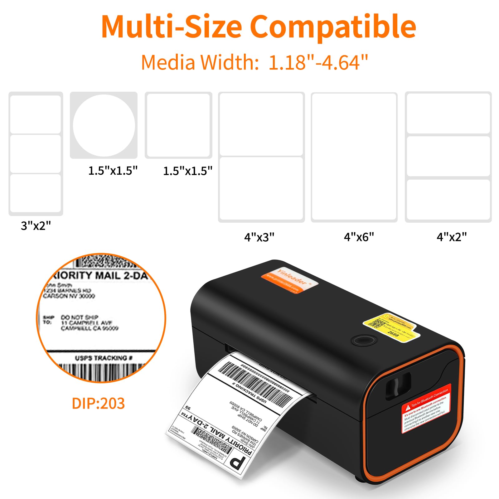 Yinleader 4x6 Thermal Bluetooth Shipping Label Printer - Compatible with Windows, Mac, ChromeOS, iOS, Android - Works with Amazon, eBay, UPS, USPS, FedEx, Shopify - Perfect for E-commerce, Small Business & Home Office Shipping (Black)