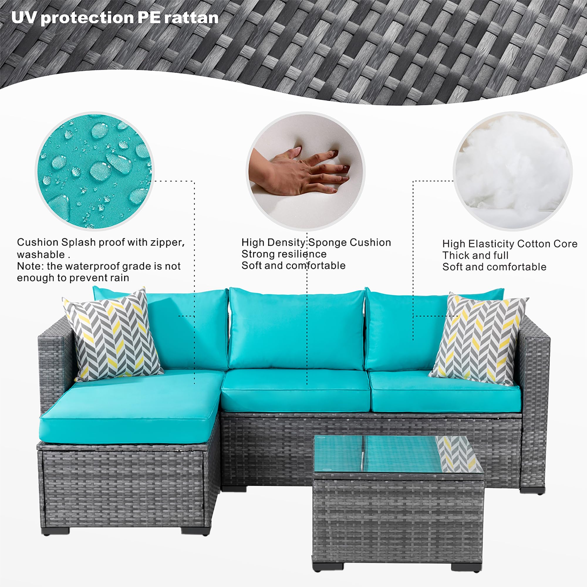 **JAMFLY 3-Piece All-Weather Wicker Patio Furniture Set - Outdoor Sectional Sofa with Coffee Table & Cushions, Sky Blue - Perfect for Backyard, Garden, Poolside & Patio Relaxation**