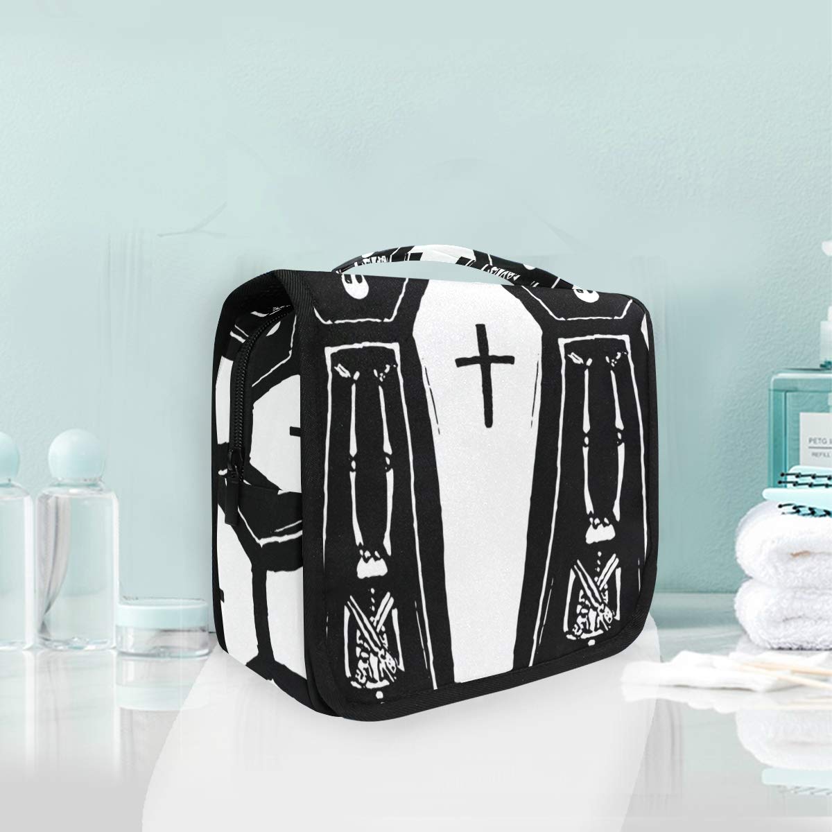 Gothic Skeleton Coffin Hanging Toiletry Bag - Travel Cosmetic Organizer Pouch for Makeup & Toiletries - Perfect for Women, Men & Teens (Ideal for Halloween Travel, Goth Lifestyle & Dark Aesthetic Enthusiasts)