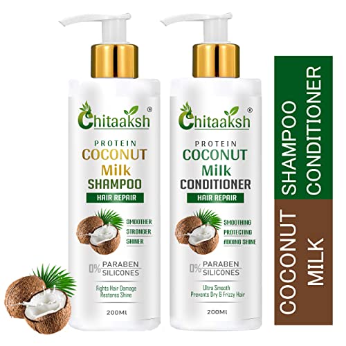 Chitaaksh Coconut Milk Shampoo & Conditioner Set for Smooth & Shiny Hair - 200ml Each (2-Piece Combo) | Natural Hair Care for Dry, Damaged & Frizzy Hair - Perfect for Daily Use & Salon-Like Results at Home
