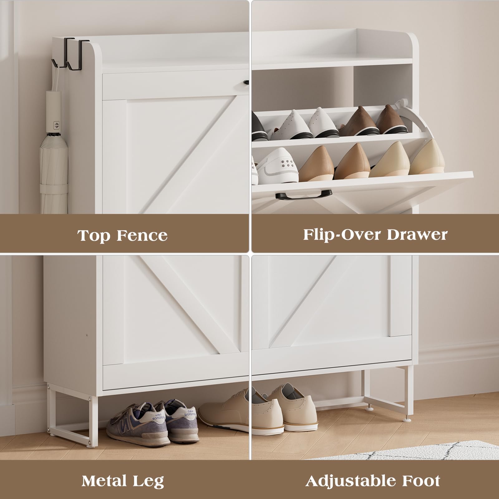 EOYUTLLY Narrow Shoe Cabinet for Entryway - Freestanding Shoe Storage Organizer with 2 Flip Drawers, Hidden Shoe Rack with Metal Legs, White - Perfect for Small Spaces, Hallway & Closet Organization