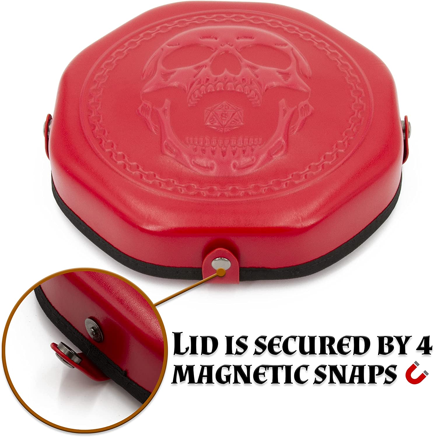 CASEMATIX Dice Tray and Storage Case - Holds 115 RPG Dice with Magnetic Snaps, Embossed Skull Design - Perfect for Dungeons & Dragons, Pathfinder, and Tabletop Gaming Sessions