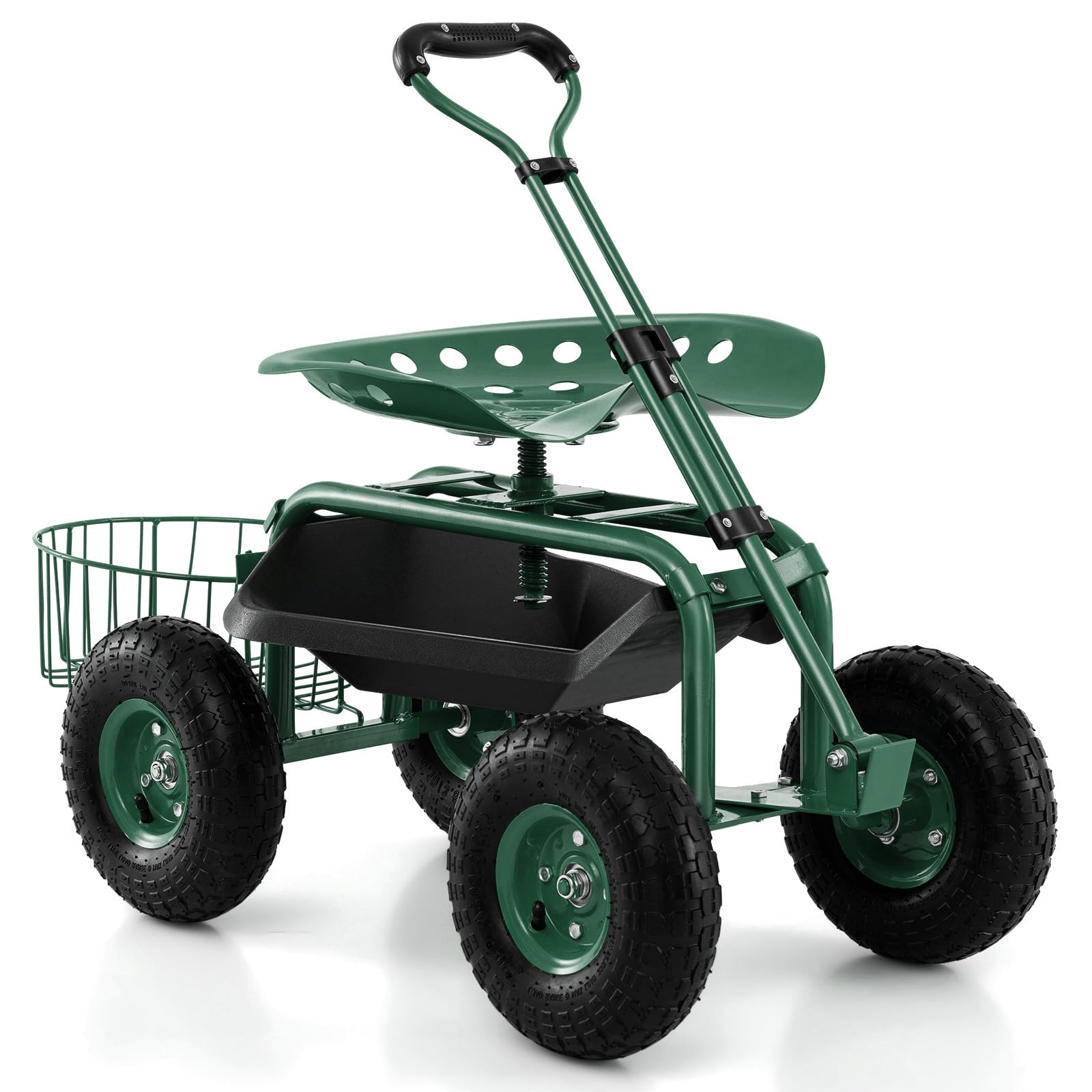 DORTALA Heavy Duty 4-Wheel Garden Cart with 360° Swivel Seat, Storage Basket & Tool Tray - Adjustable Steering Handle & Height for Gardening, Planting & Yard Work | Perfect for Greenhouse, Farm & Outdoor Landscaping