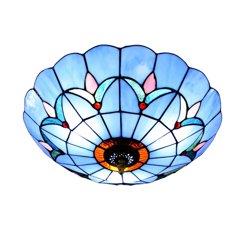 Vintage Tiffany Style Flush Mount Ceiling Light Fixture with Stained Glass Shade - 12 Inch Retro Hallway Chandelier for Living Room Bedroom - Blue Stained Glass Pendant Lighting for Home Decor & Dining Room Ambiance