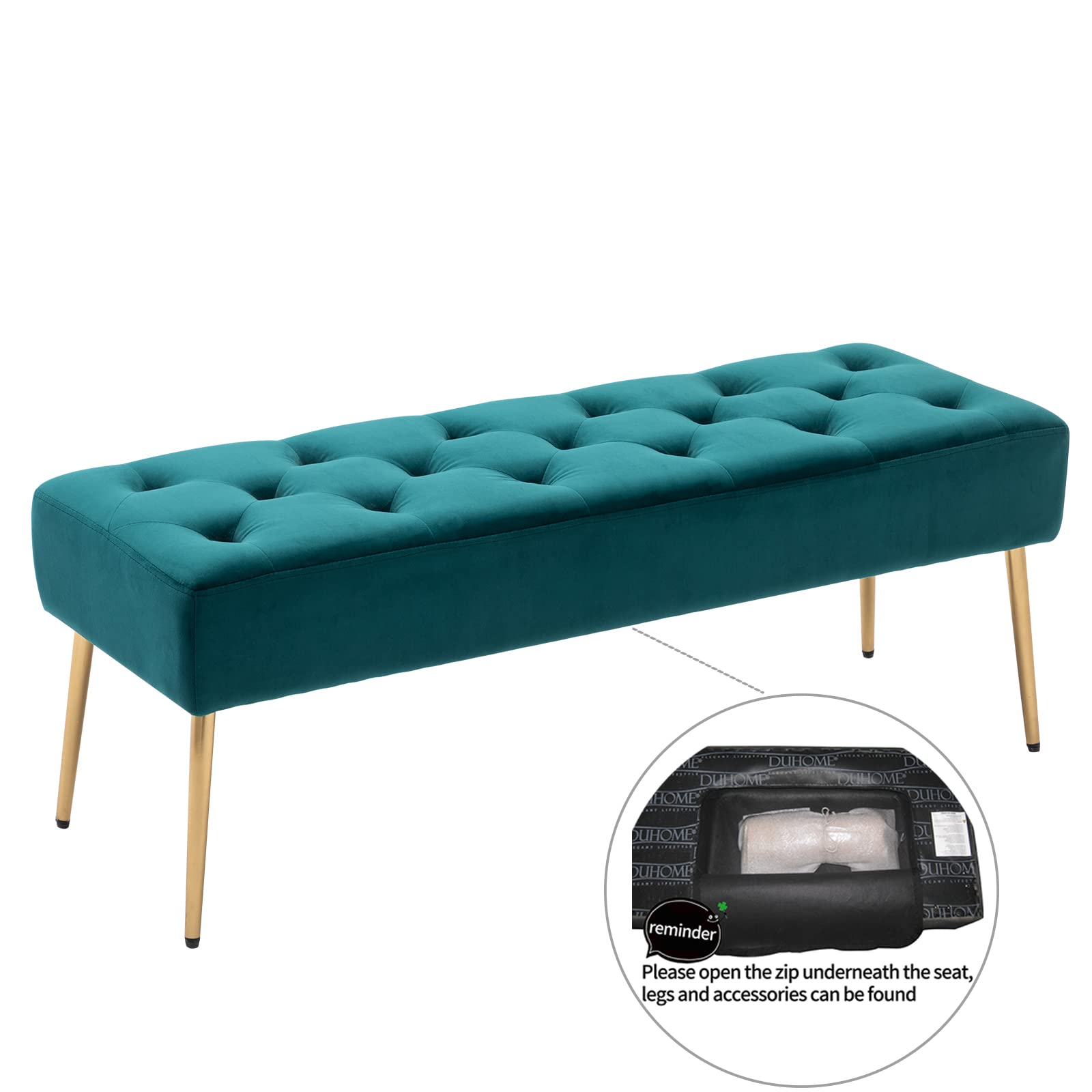 DUHOME Modern Velvet Bench Ottoman - Upholstered Button-Tufted Footrest Stool with Gold Metal Base for Entryway, Dining Room, Living Room, Bedroom, Perfect for Home Decor and Extra Seating