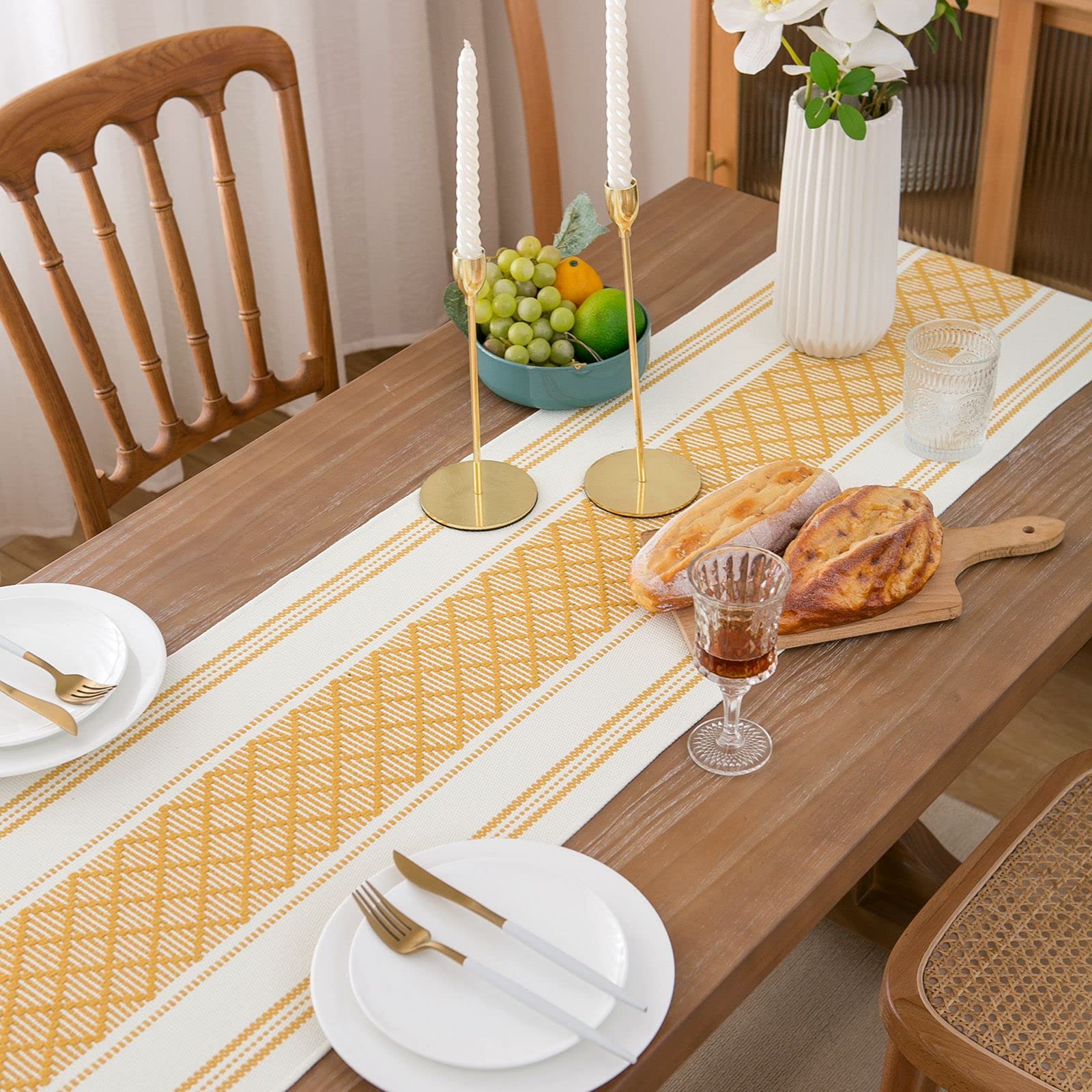 Boho Table Runner 14 x 72 Inches - Farmhouse Style Woven Tablecloth with Yellow & White Hand-Tassels for Wedding Decor, Dining Room Table Decorations, Dresser Decor & Boho Home Decor | Perfect for Rustic Weddings, Farmhouse Dining & Bohemian Home Styling