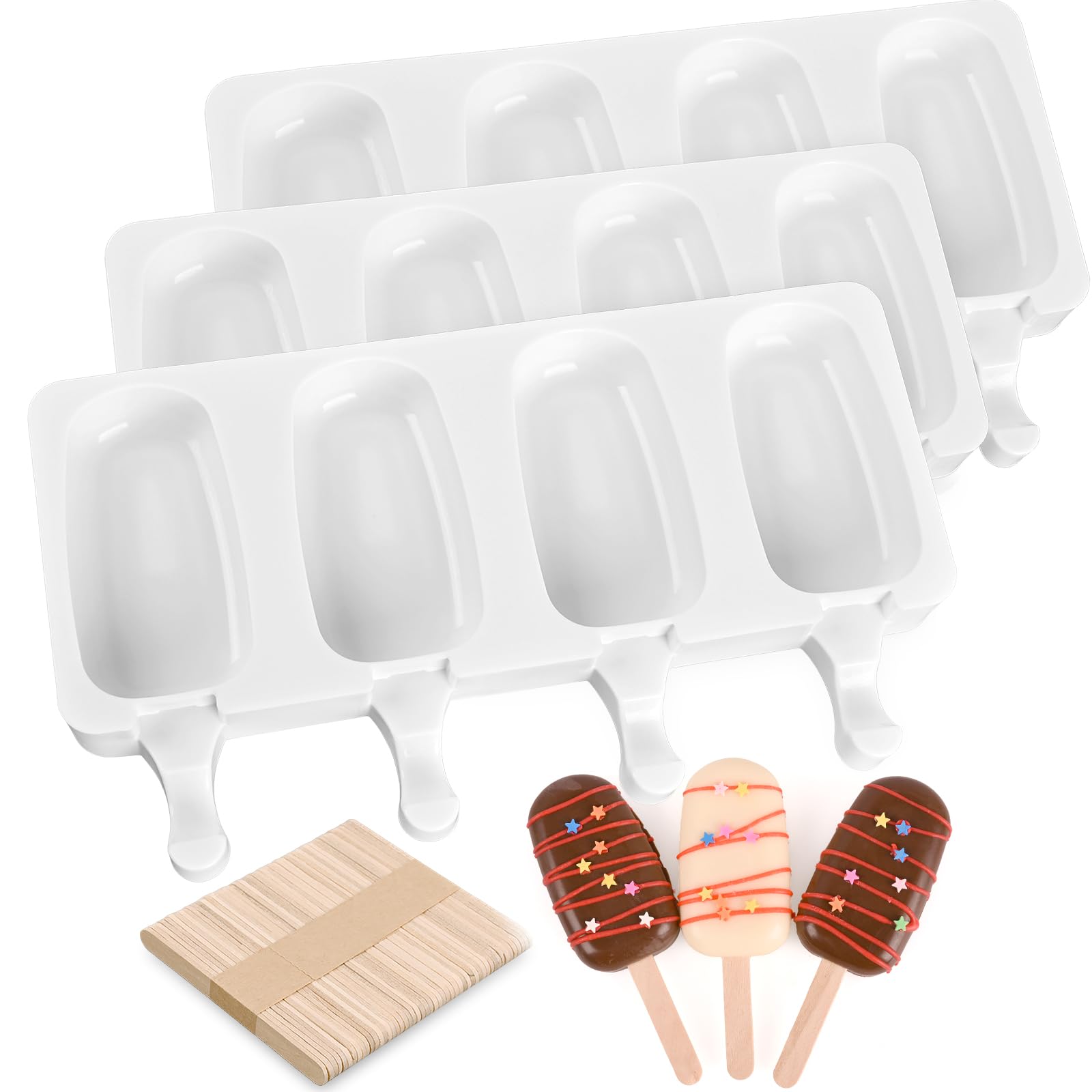 Sakolla 3-Pack Large Silicone Popsicle Molds with 100 Wooden Sticks - 4 Cavity Oval Ice Cream & Cake Pop Molds for Homemade Ice Pops, DIY Desserts, and Party Treats - Perfect for Summer Snacks, Kids' Parties, and Frozen Treats at Home