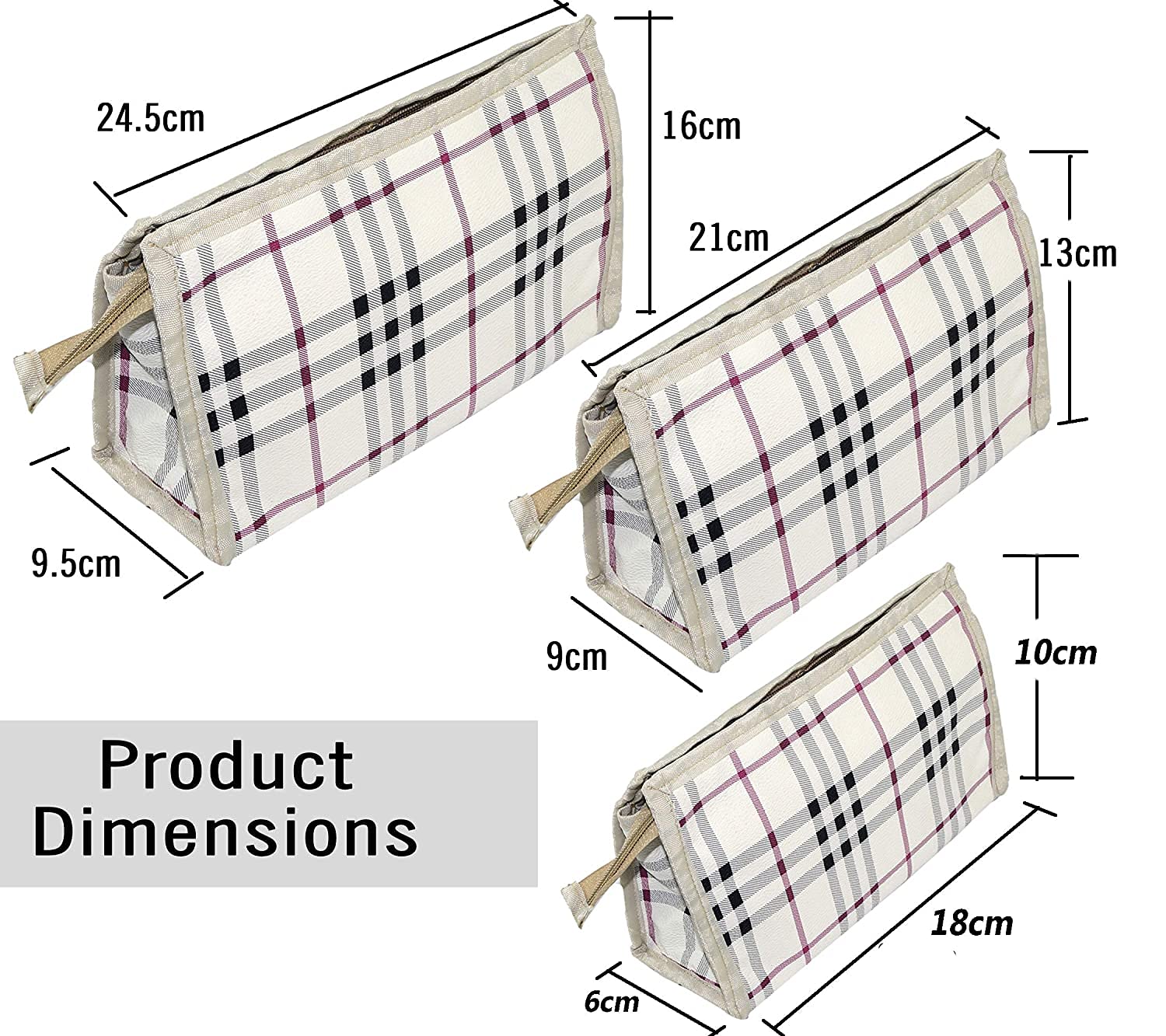 PRISMAXIC 3-Piece Travel Pouch Set - Waterproof Toiletry Bag, Cosmetic Organizer & Stationery Case for Makeup, Shaving, Pens & Pencils (White Checkered Pattern) - Perfect for Travel, Gym, Camping & Daily Organization