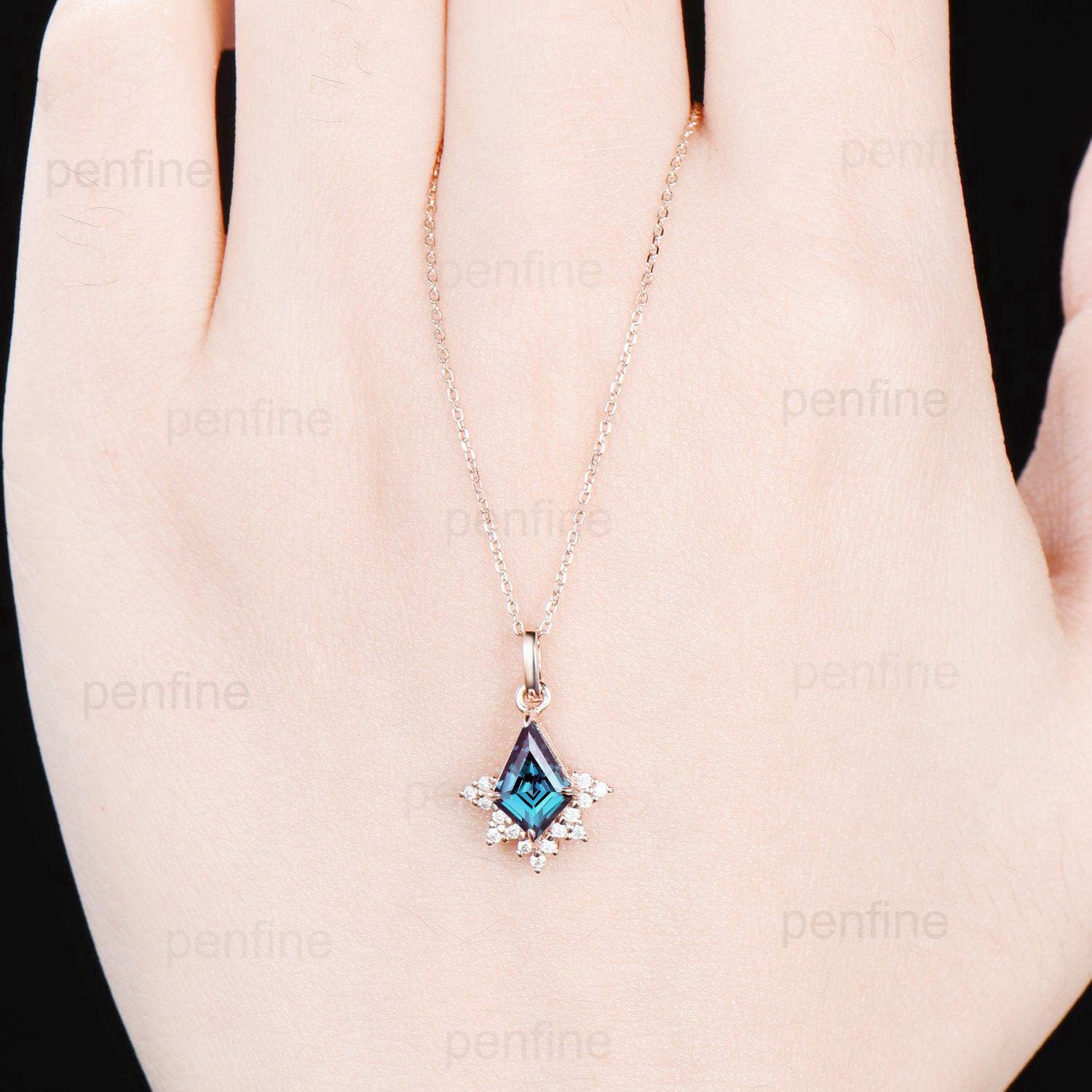 Vintage Art Deco Kite Cut Alexandrite Pendant Necklace - 14K/18K Rose Gold Moissanite Diamond Engagement Promise Gift for Women | Perfect for Anniversaries, Weddings & Special Occasions