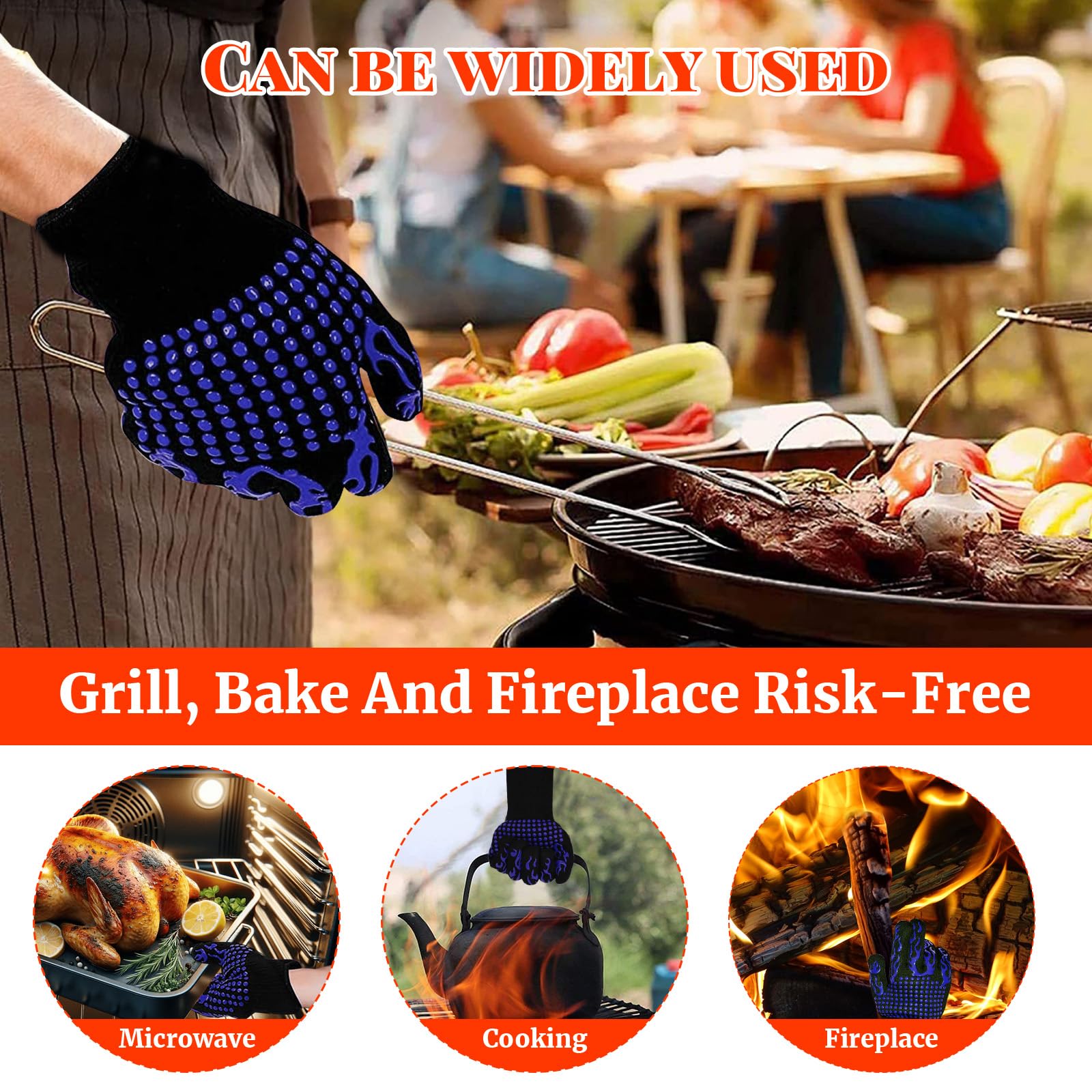 Heat Resistant BBQ Grill Gloves for Blackstone Griddle & Smoker - 1472°F High Temperature Protection with Non-Slip Silicone Palm Pads - Perfect for Barbecue Cooking, Grilling, Cutting & Oven Use (Blue)