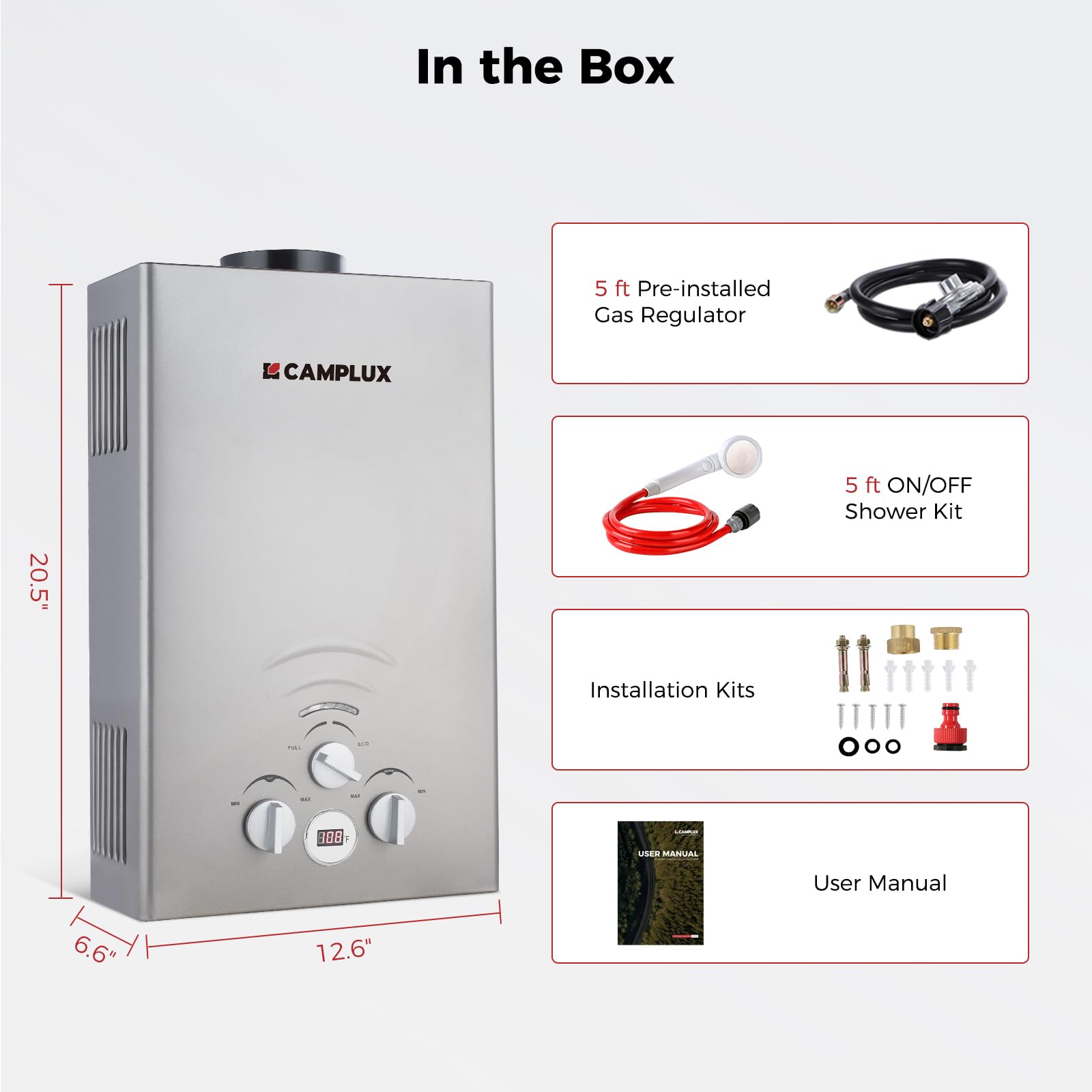 CAMPLUX 2.11GPM Portable Propane Tankless Water Heater - 55,000 BTU Outdoor Instant Hot Water System for Camping, RV, Hunting & Off-Grid Living (BW211G, Grey)