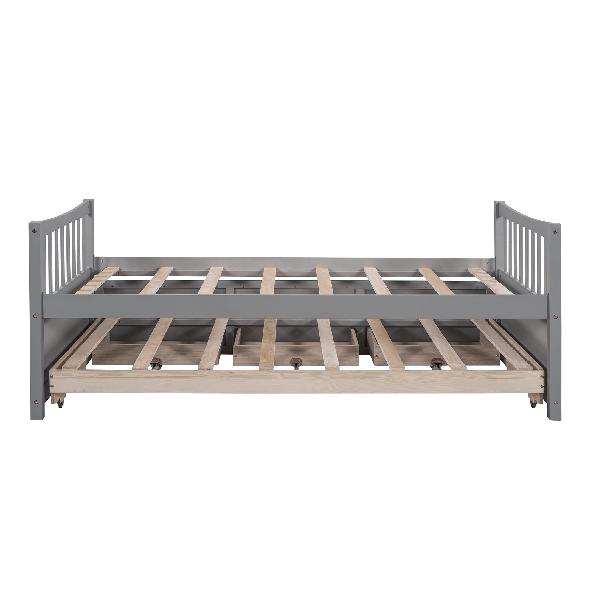 Twin Size Daybed with Trundle - Pinewood Platform Bed Frame with 3 Storage Drawers, Convertible Sofa Bed for Kids & Teens Bedroom - Space Saving Gray Furniture for Guest Room, Dorm or Small Spaces