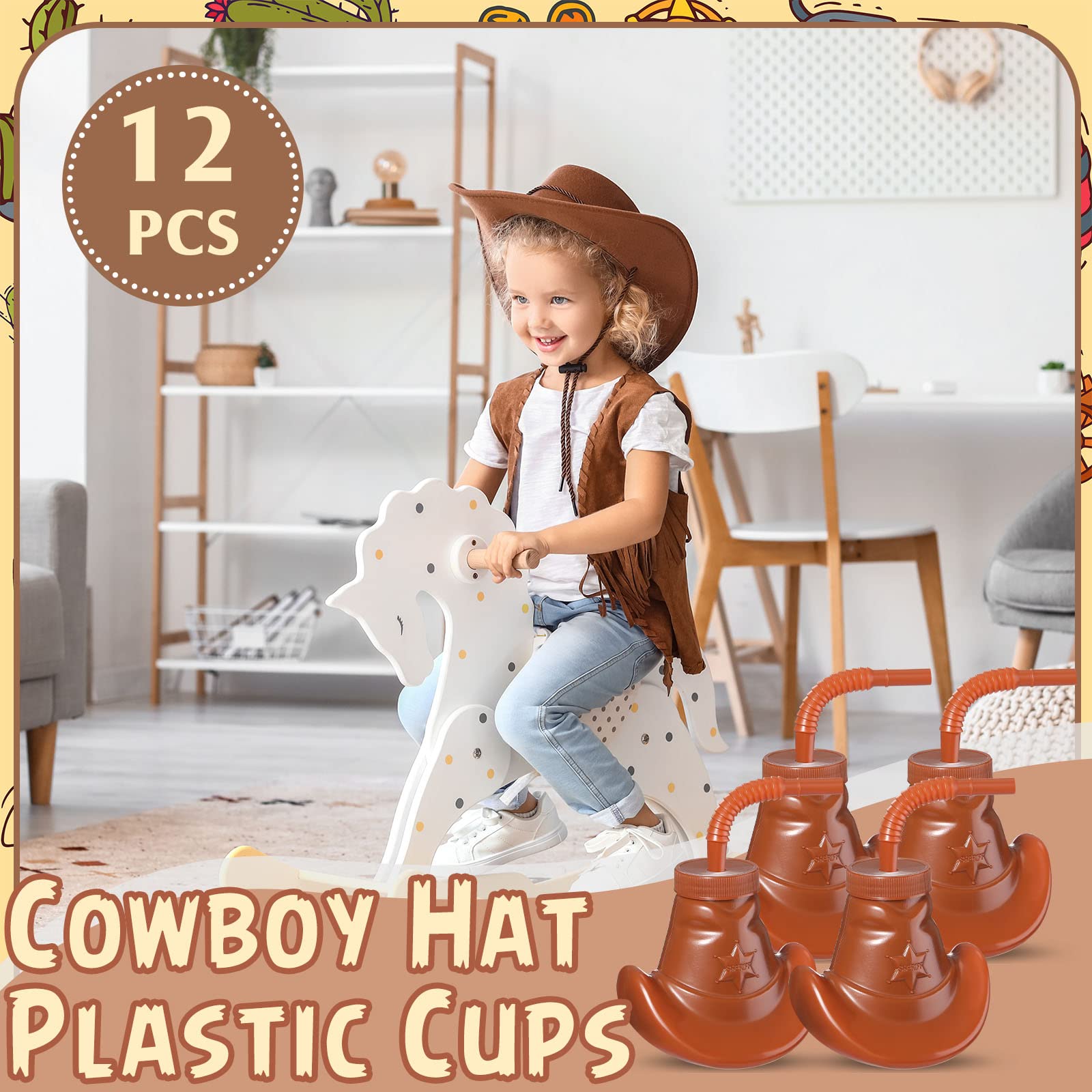 12 Pack Cowboy Hat Party Cups with Straws & Lids - 10oz Western Themed Plastic Cups for Rodeo, Cowgirl Birthday, Wild West Decorations & Party Supplies (Brown) - Perfect for BBQ, Country Weddings & Themed Events