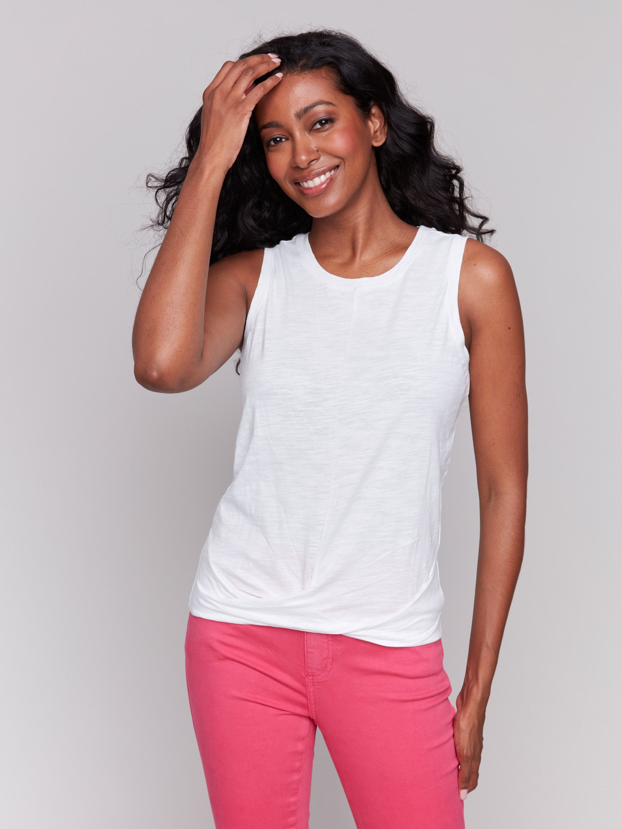 Organic Cotton Slub Tank Top with Knot Detail - Women's Casual Summer T-Shirt - White - Perfect for Beach, Yoga, and Everyday Wear