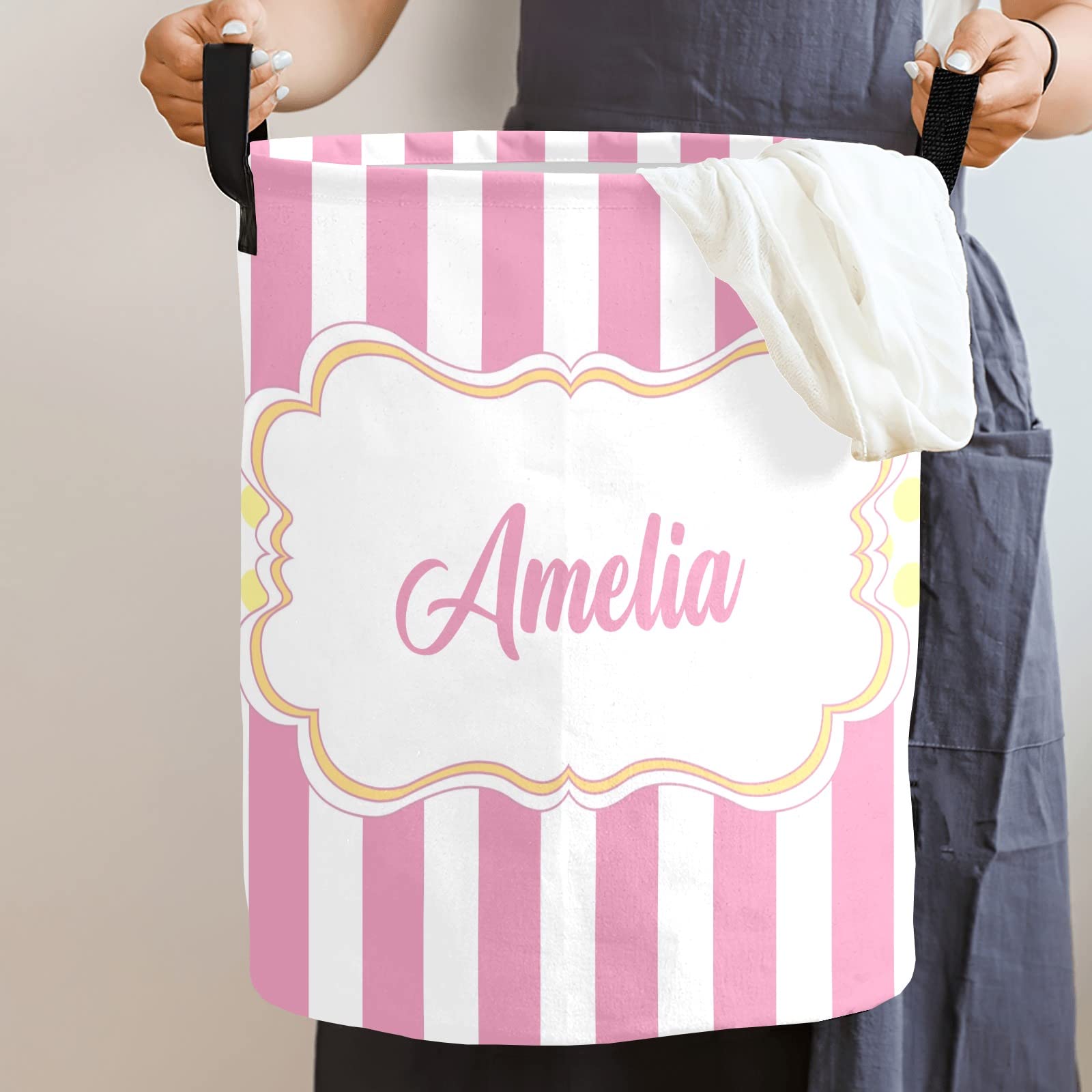Waterproof Collapsible Striped Pink Laundry Basket with Handles - Personalized Clothes Hamper for Bathroom & Bedroom Storage (19.7