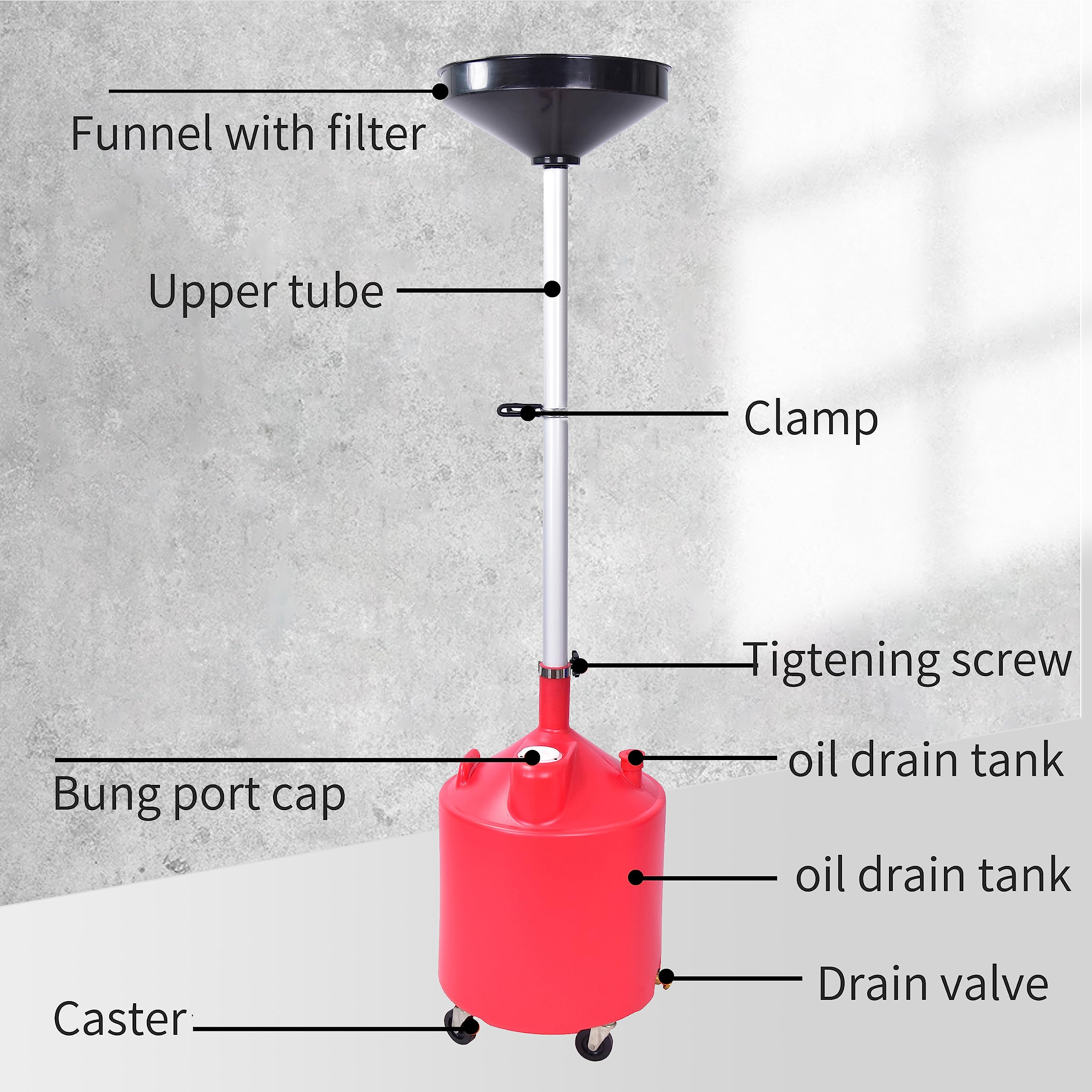 18 Gallon Industrial Waste Oil Drain Tank with Wheels - Portable Oil Changing Tank for Cars, Trucks & Motorcycles - Adjustable Funnel Height & Drain Valve - Garage, Auto Shop & DIY Oil Change Solution