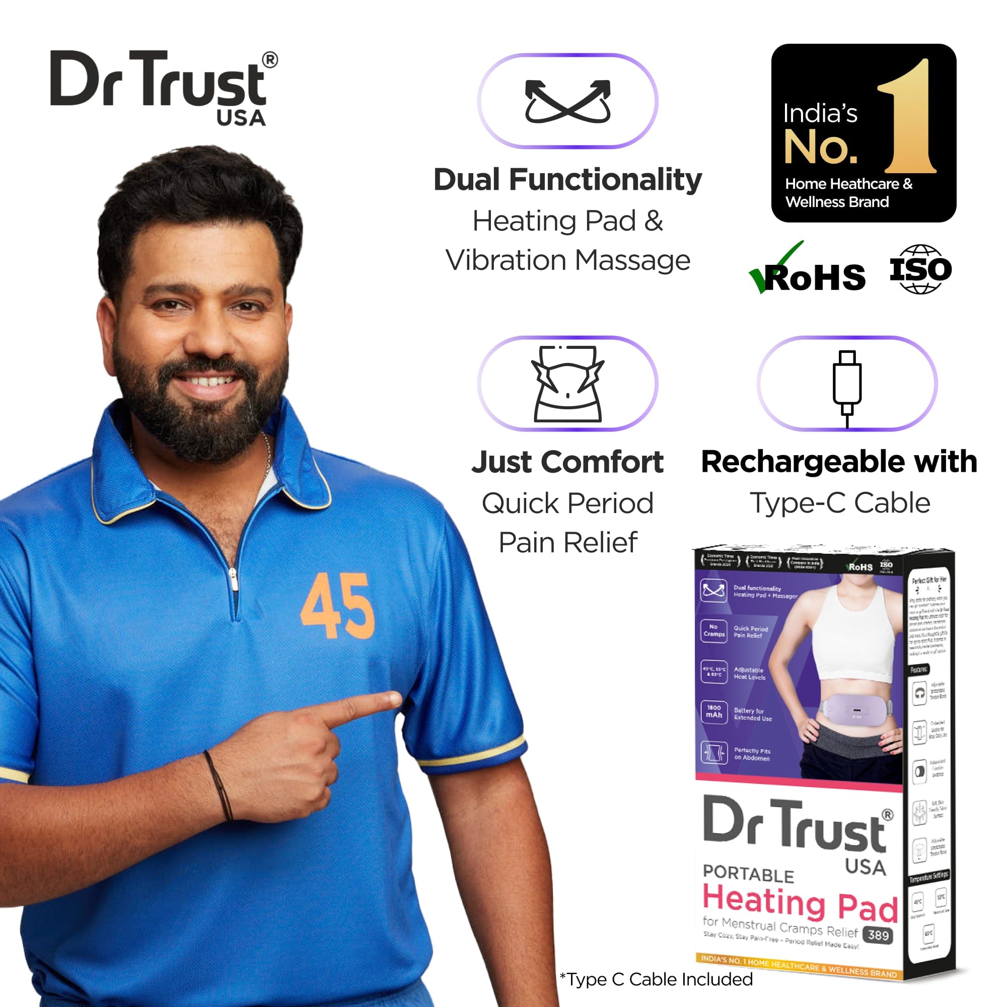 Dr Trust Electric Heating Pad for Women - 3 Temperature & 3 Massage Modes, Portable Cordless Period Pain Relief Belt for Menstrual Cramps, Belly, Back and Stomach Pain - Perfect for Home, Office & Travel Use