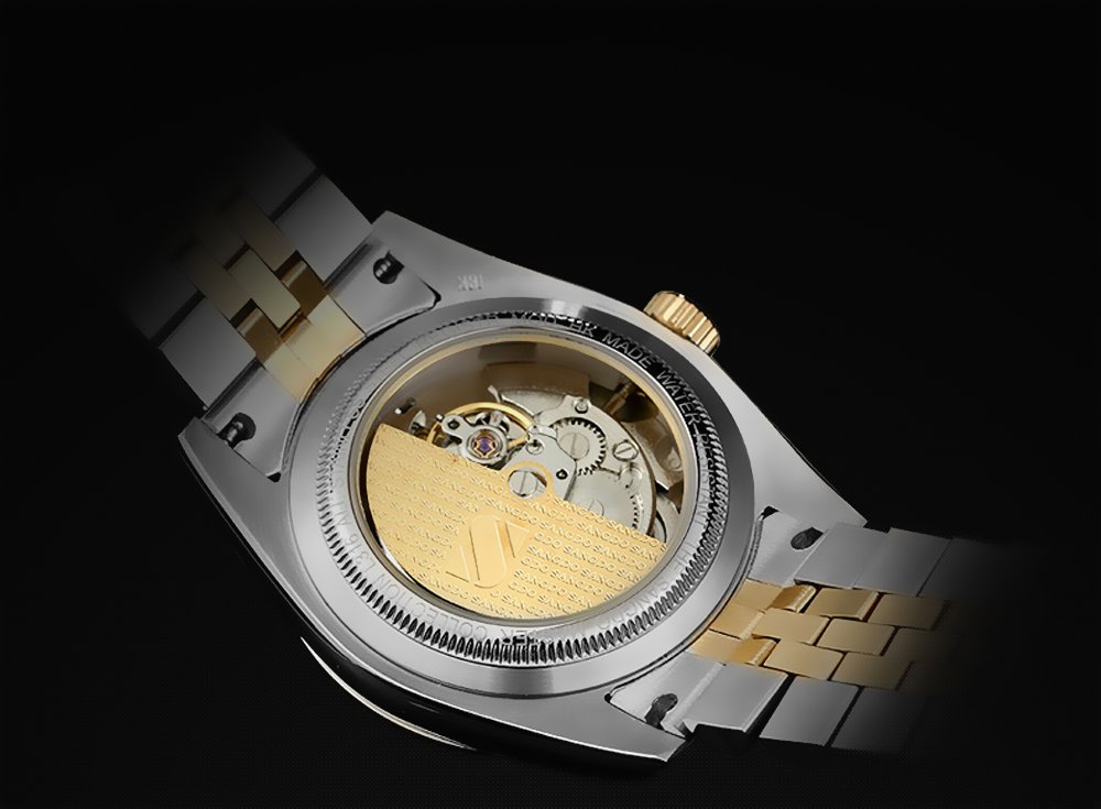 Luxury PASOY Men's Gold Watch with Red Dial - Waterproof Sapphire Crystal Stainless Steel Bracelet Watch for Business & Formal Occasions