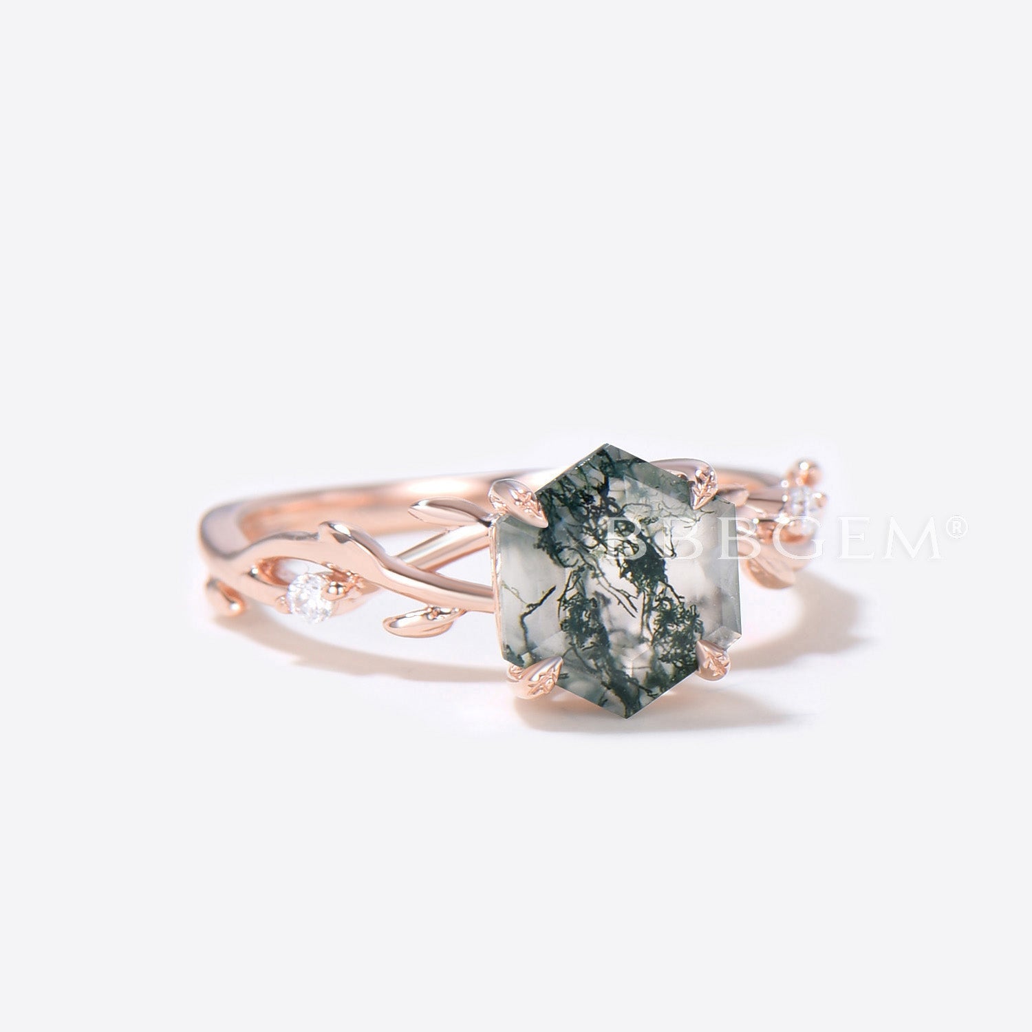 Natural Moss Agate Hexagon Cut Twig Vine Ring - Green Gemstone Jewelry for Women, Boho Style Statement Ring for Everyday Wear & Special Occasions