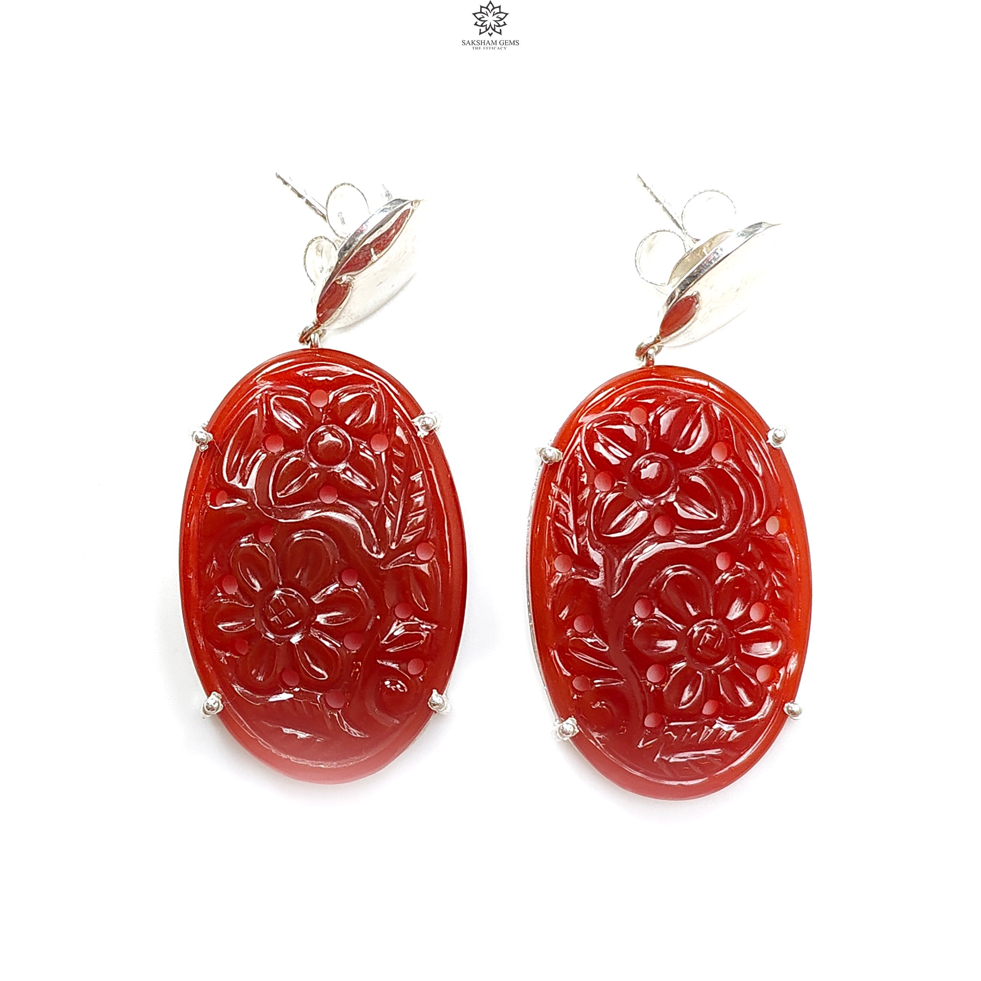 Natural Orange Onyx Gemstone Stud Earrings - 11.70g Hand Carved Oval Onyx in 925 Sterling Silver Prong Setting with Push Back (Ideal for Weddings, Parties & Gift Giving)