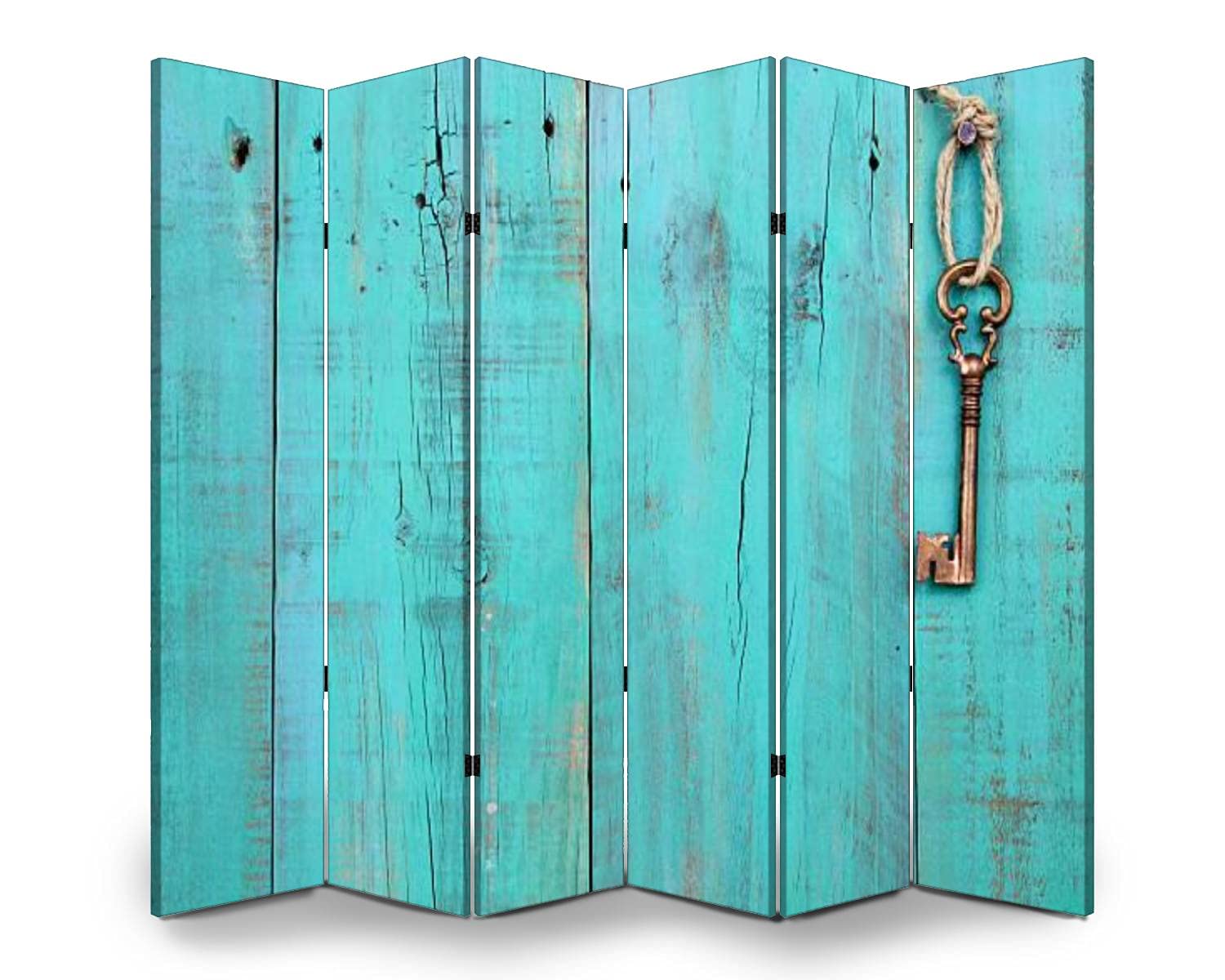 6-Panel Folding Room Divider Screen - Bronze Skeleton Key Design on Antique Teal Blue Wood - Freestanding Privacy Partition for Indoor/Outdoor Use - Perfect for Home Office, Studio, or Event Space Separation