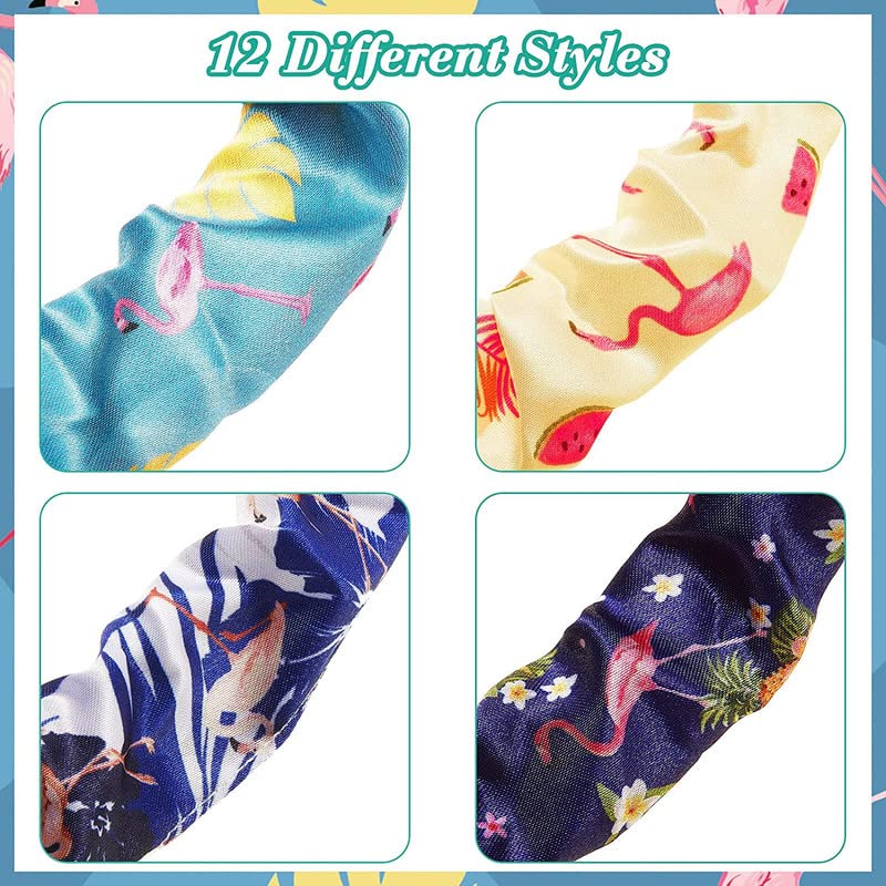 12 Pack Tropical Flamingo & Pineapple Hair Scrunchies - Hawaii Summer Hair Ties for Women & Girls - Soft Elastic Hair Bands for Beach, Vacation, Pool Party & Everyday Use
