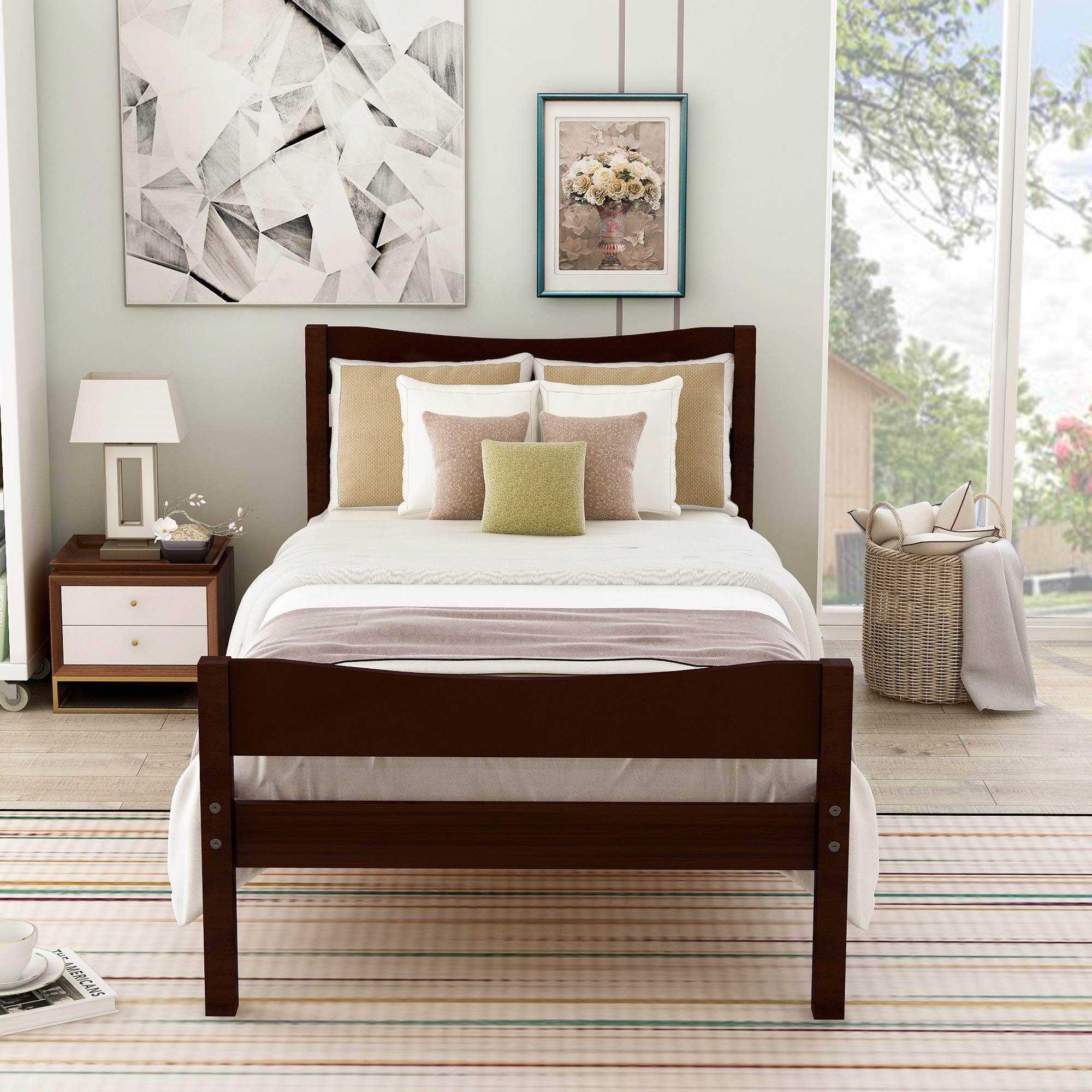 **Merax Solid Wood Twin Bed Frame with Headboard - No Box Spring Needed, Easy Assembly Platform Bed for Kids & Teens - Perfect for Bedrooms, Dorms & Guest Rooms**