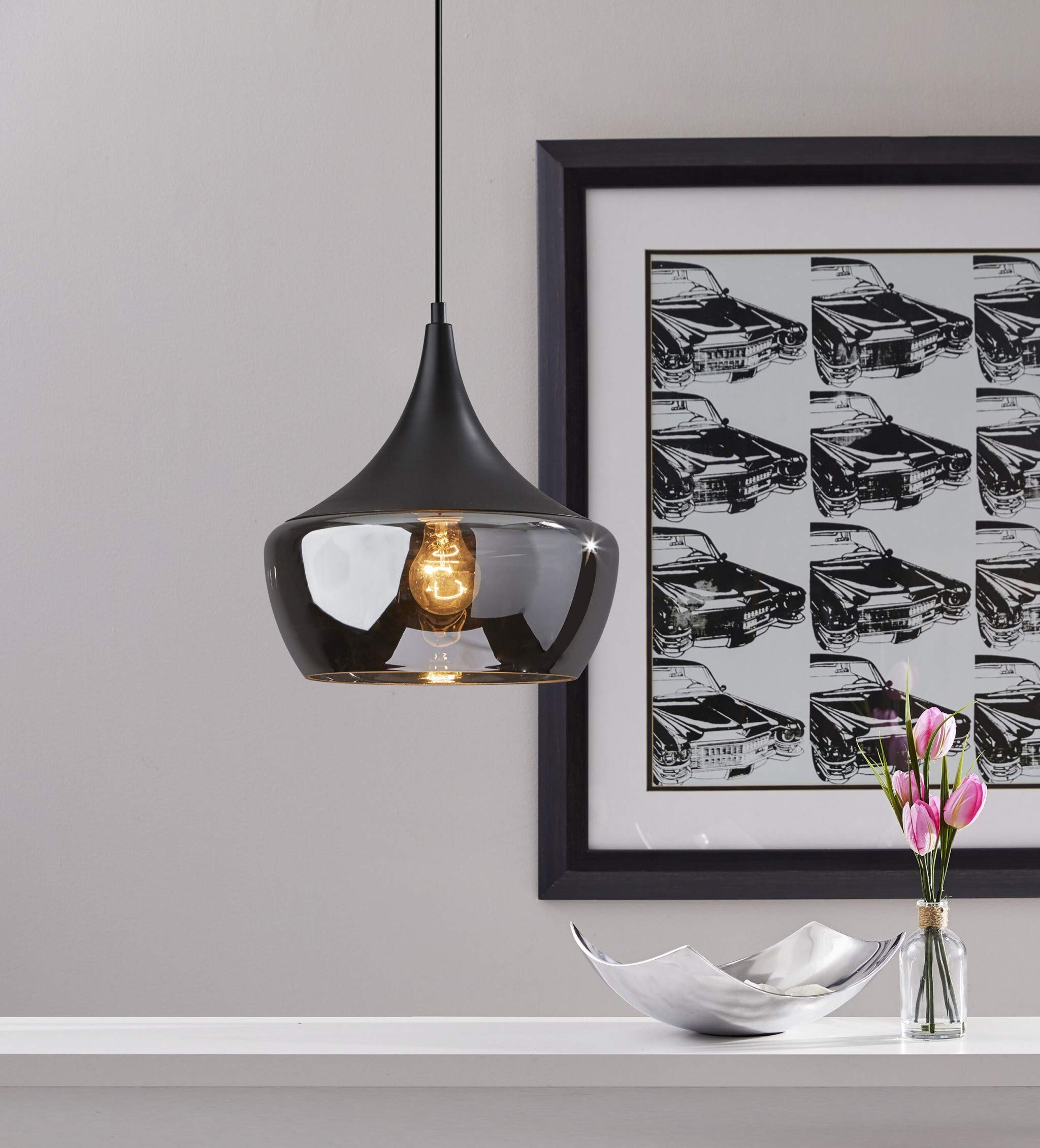 HomeRoots Metal and Glass Gnome Smoked Glass Black Metal Pendant Lamp - Modern Farmhouse Lighting for Kitchen Island, Dining Room, or Entryway