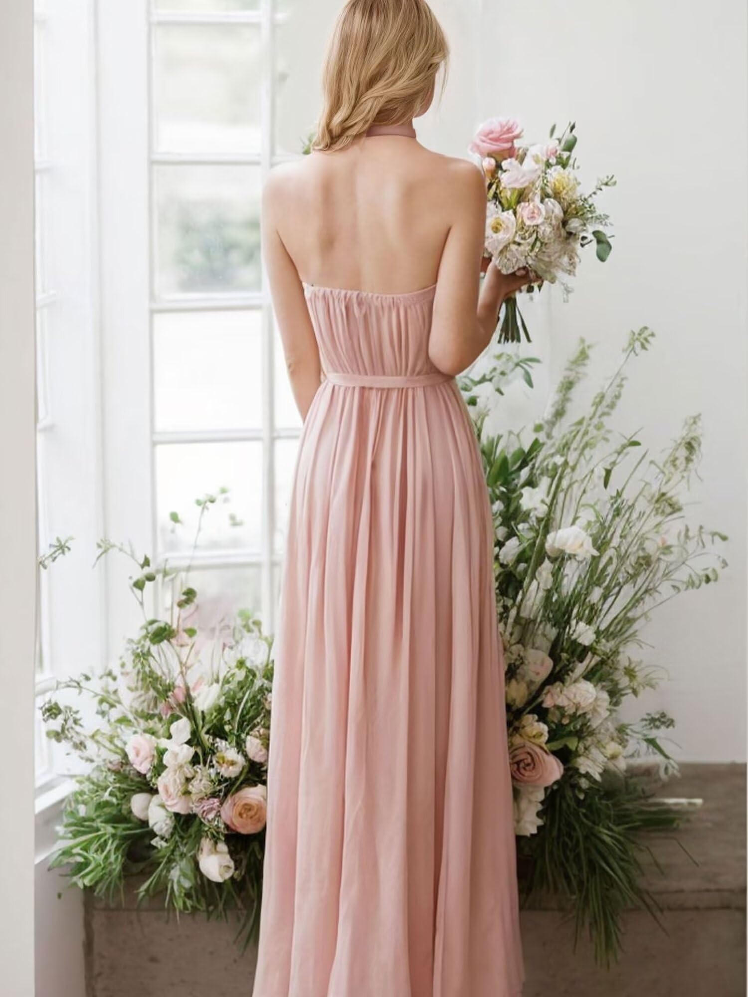 Elegant Halter Neck Long Chiffon Bridesmaid Dresses with Pockets - A-Line Pleated Formal Gowns for Weddings, Parties & Special Occasions