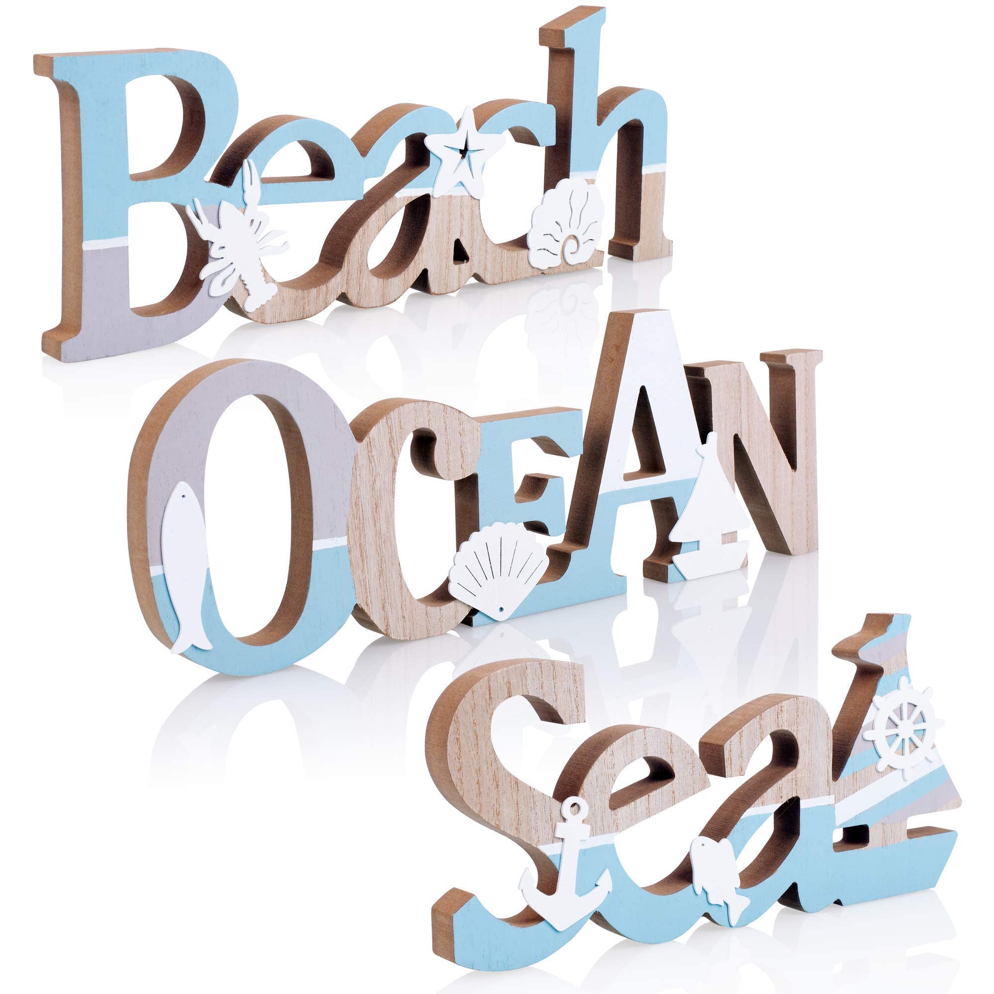 TideAndTales Coastal Wooden Wall Art Set of 3 - Beach, Ocean & Sea Signs for Home & Office Decor | Nautical Theme Room Decorations | Perfect for Beach House, Bathroom & Coastal Living Spaces