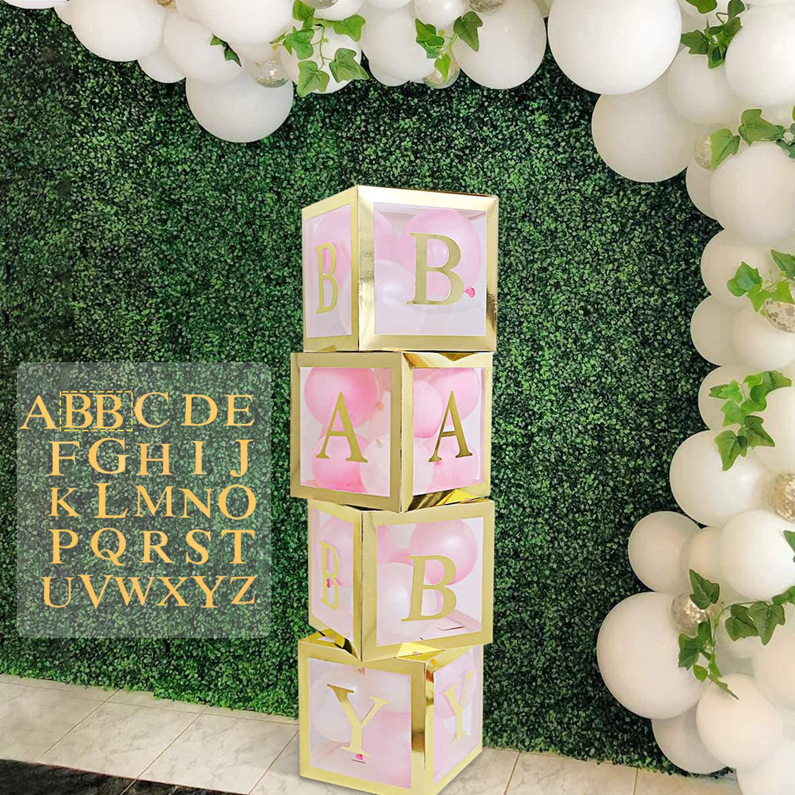 4-Pack Transparent Gold Edge Balloon Gift Boxes for Birthday Party Decorations - Includes 27 Alphabet Letters for Gender Reveal, DIY Party Supplies & Graduation Decor - Perfect for Baby Showers, Bridal Showers & Anniversary Celebrations