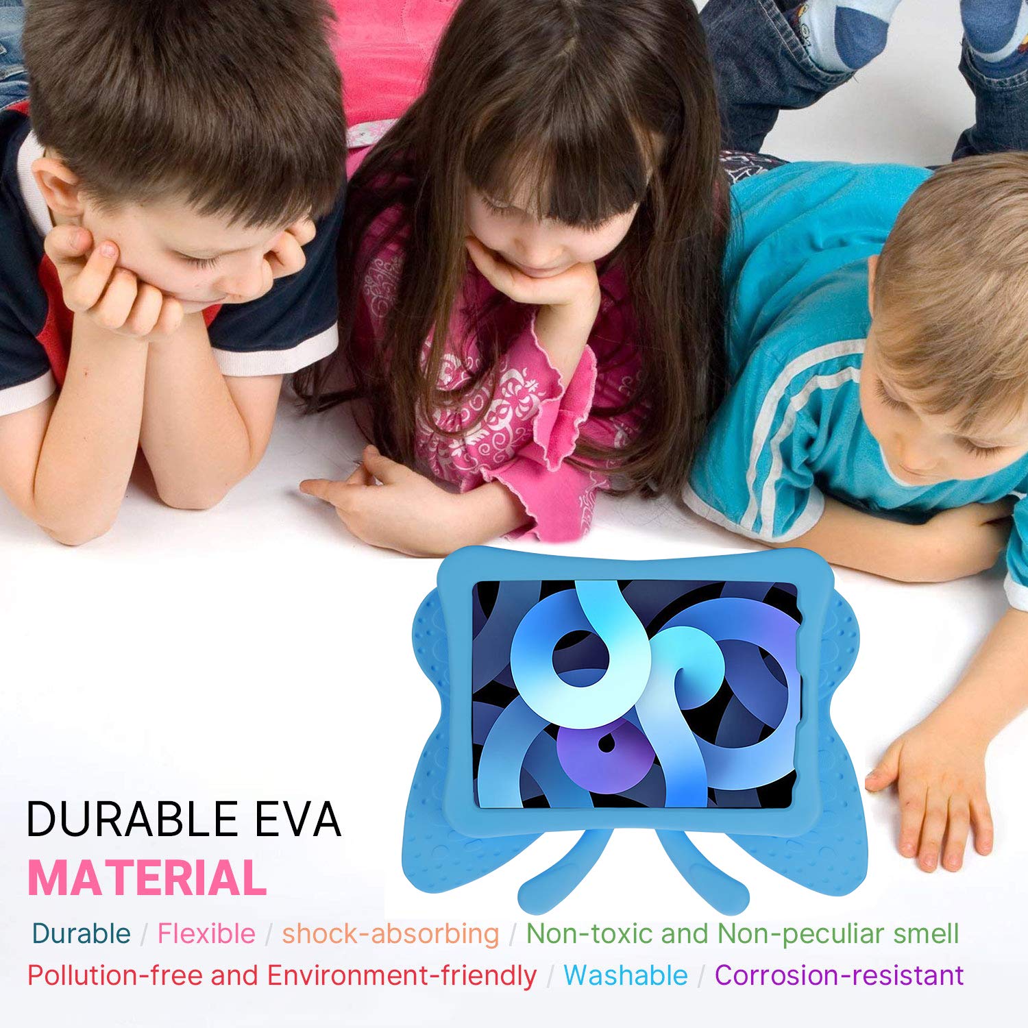 **Shockproof Heavy Duty Rugged Kids Case for iPad Air 4/5/6 (10.9 Inch, 2022/2024) - Lightweight EVA Full Cover with Foldable Stand, Butterfly Design - Perfect for Boys, Girls & Toddlers (Blue) - Ideal for School, Travel & Playtime Protection**