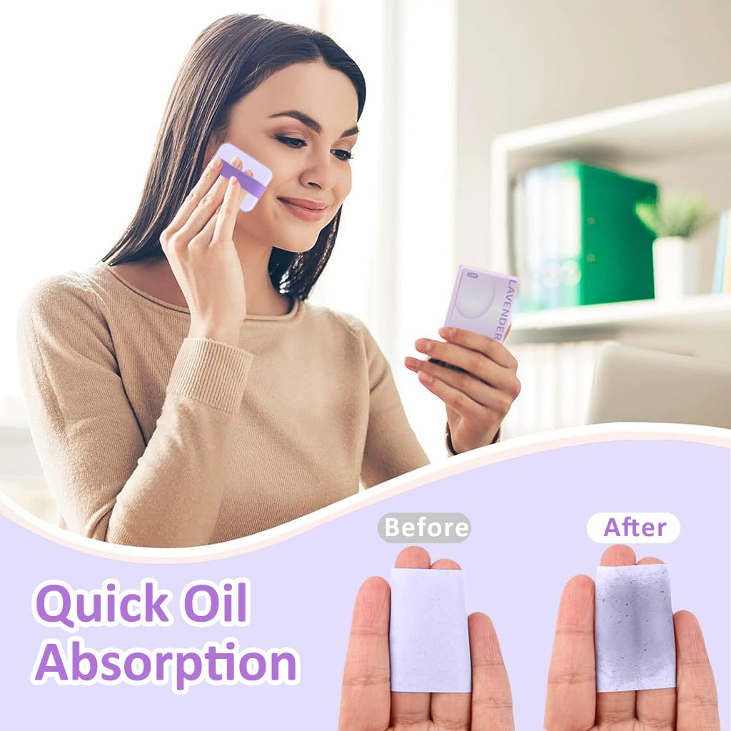 MAYCREATE® Oil Absorbing Blotting Papers for Oily Skin - 200 Count Natural Linen Facial Blotting Sheets with Built-in Mirror & Powder Puff | Matte Finish Makeup | On-the-Go Shine Control (Lavender Scented) - Perfect for Gym, Office & Travel Touch-Ups