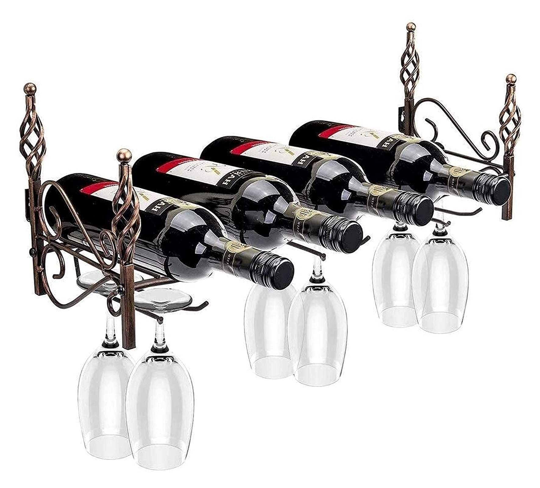 JIUYUE Wall Mounted Wine Rack - 6 Bottle Storage Organizer with Stemware Holder, Rustic Wood Wine Shelf for Kitchen, Bar & Dining Room Display