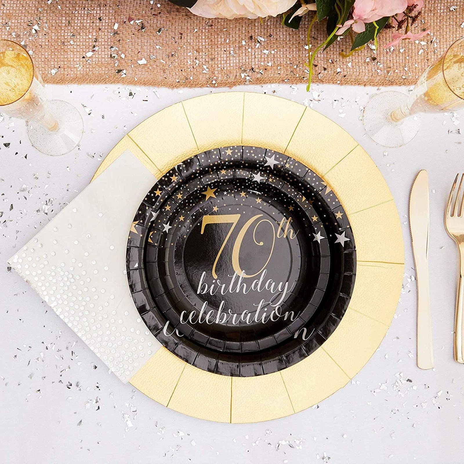 BLUE PANDA 80-Count 70th Birthday Party Plates - 7 Inch Disposable Paper Plates for Anniversary Celebration, Black Dinnerware - Perfect for Birthday Parties, Retirement Celebrations & Milestone Events