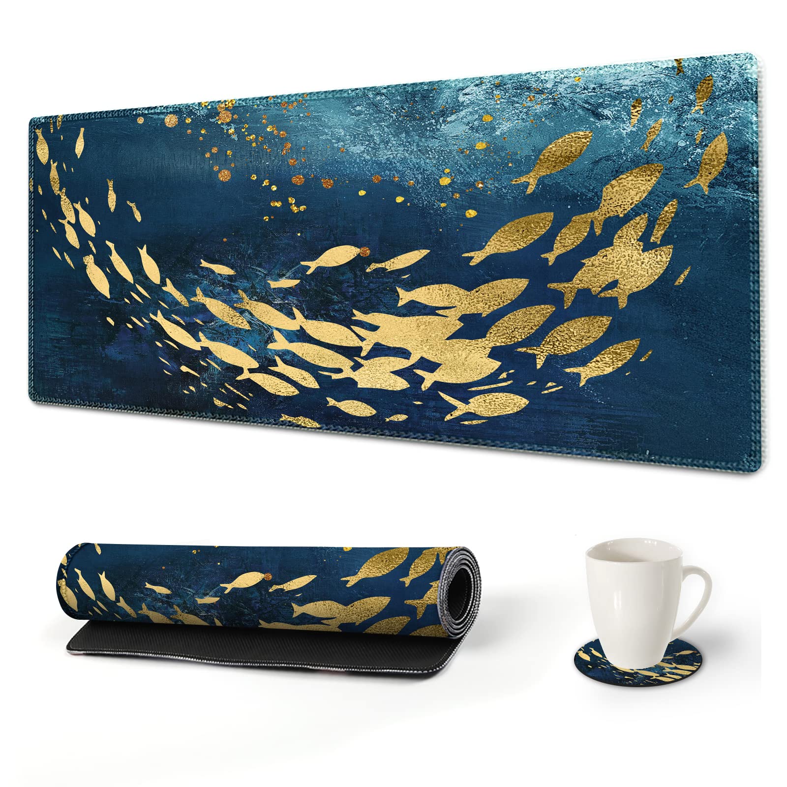 Van Gogh Inspired Large Gaming Mouse Pad - 35.1 x 15.7 Inch Extended Keyboard Mat with Stitched Edges & Coaster | Non-Slip Desk Writing Pad for PC, Office & Home Workspace | Golden Fish Design