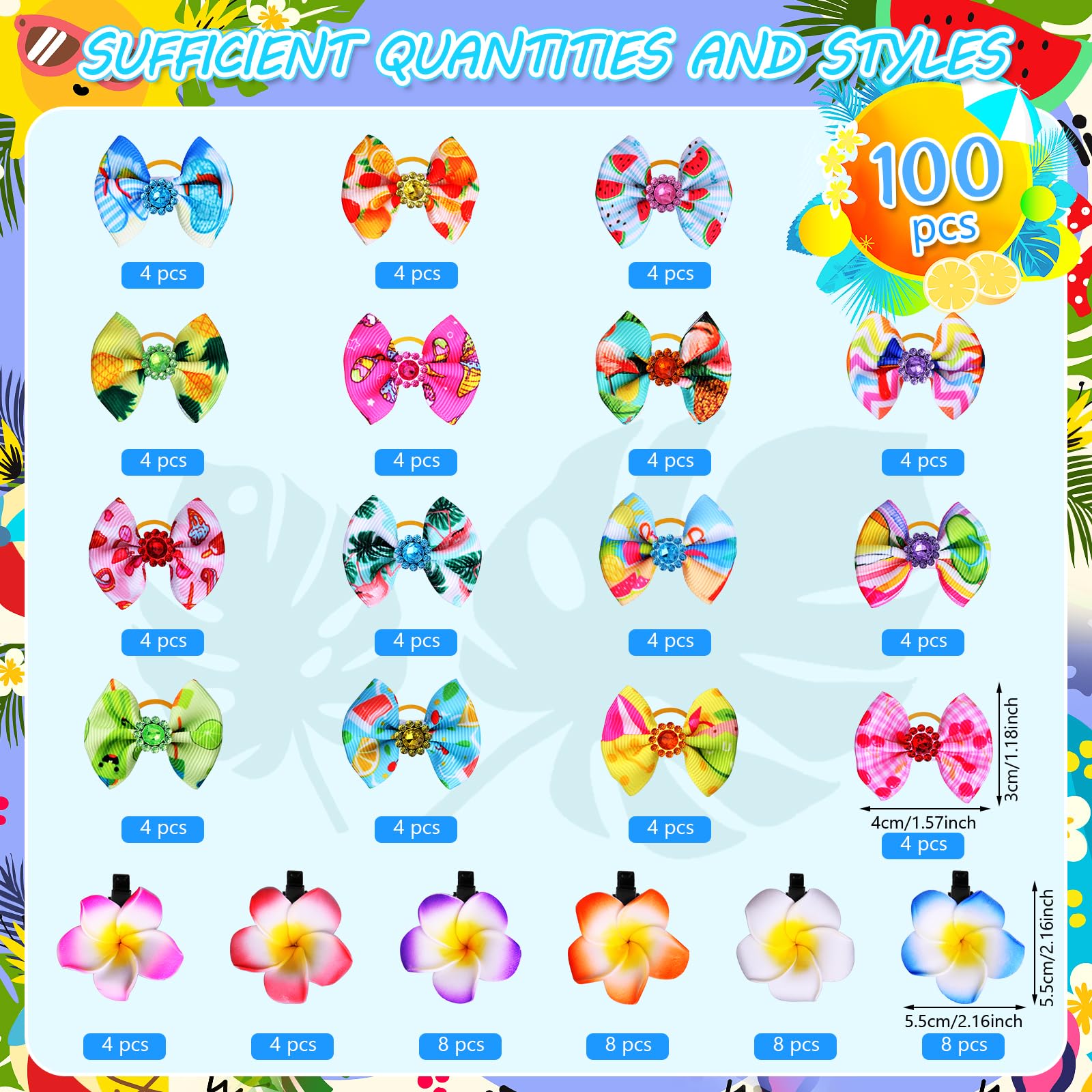 100Pcs Spring Summer Dog Bows & Hair Clips with Rubber Bands - Floral Puppy Hair Barrettes for Small Medium Large Dogs - Perfect for Grooming, Pet Parties & Daily Styling Accessories